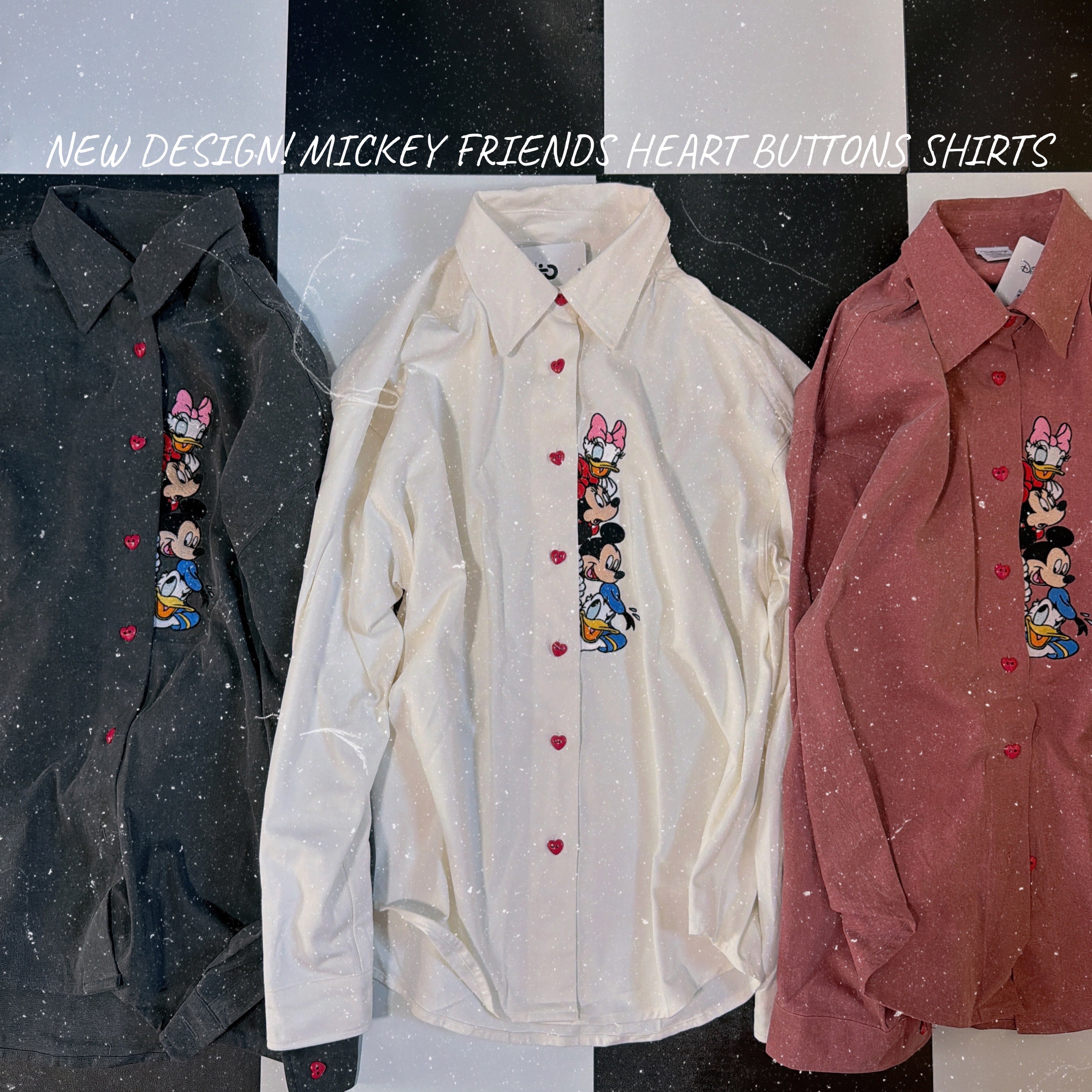※予約※新デザイン!3色 ミッキーフレンズハートボタン刺繍シャツ 12月中の出荷予定