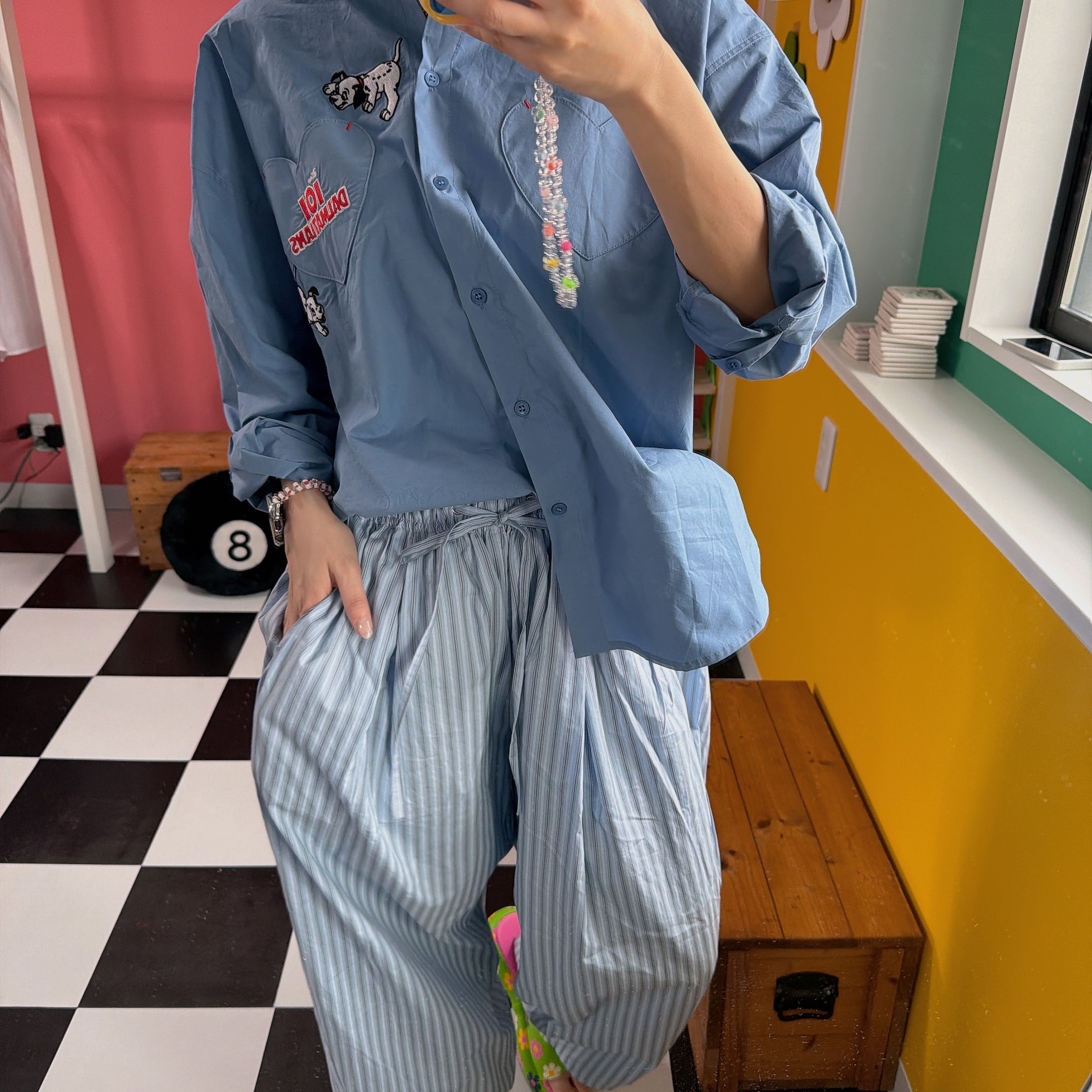 ※予約※2色 ストライプタックギャザーパンツ 4月上旬の出荷予定