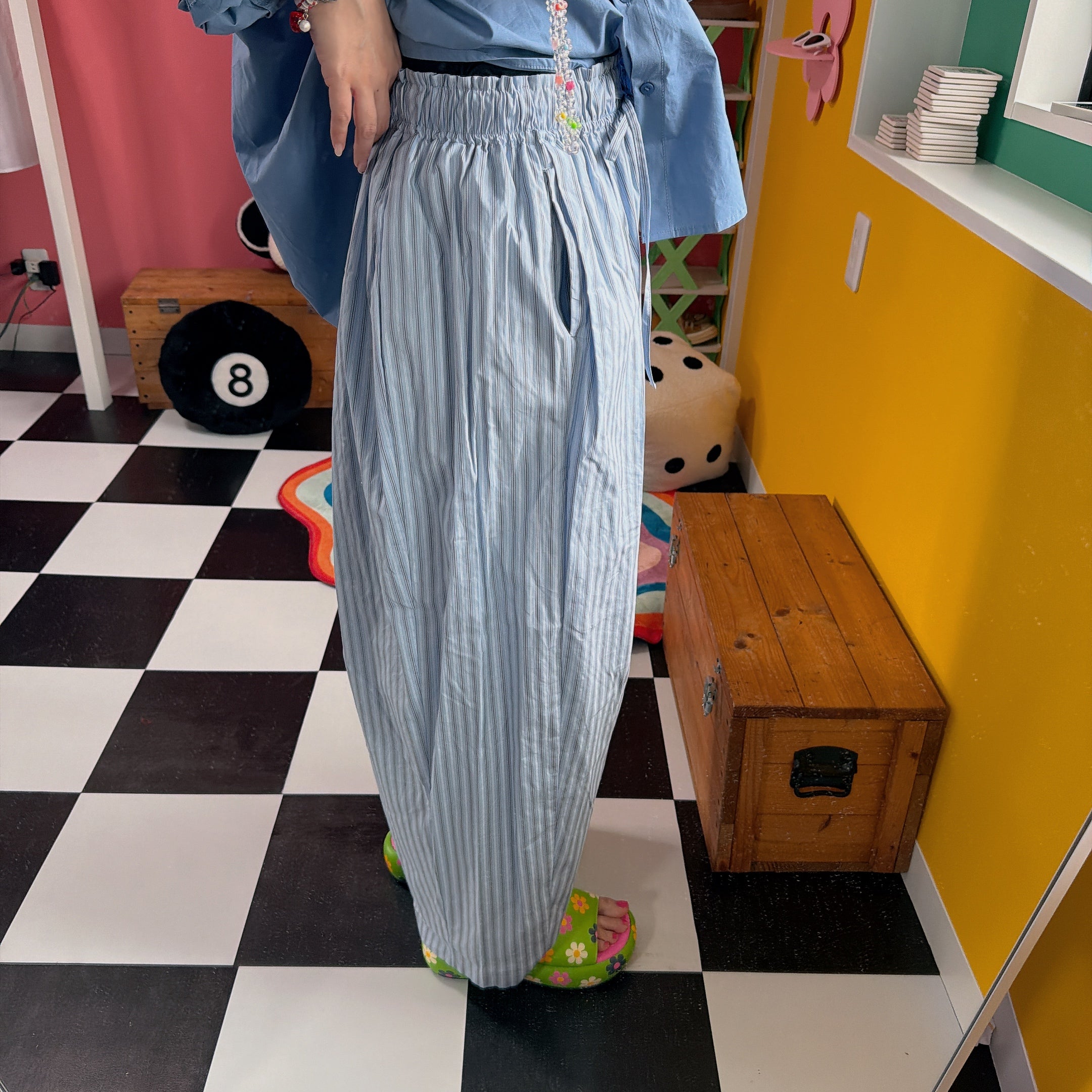 ※予約※2色 ストライプタックギャザーパンツ 4月上旬の出荷予定