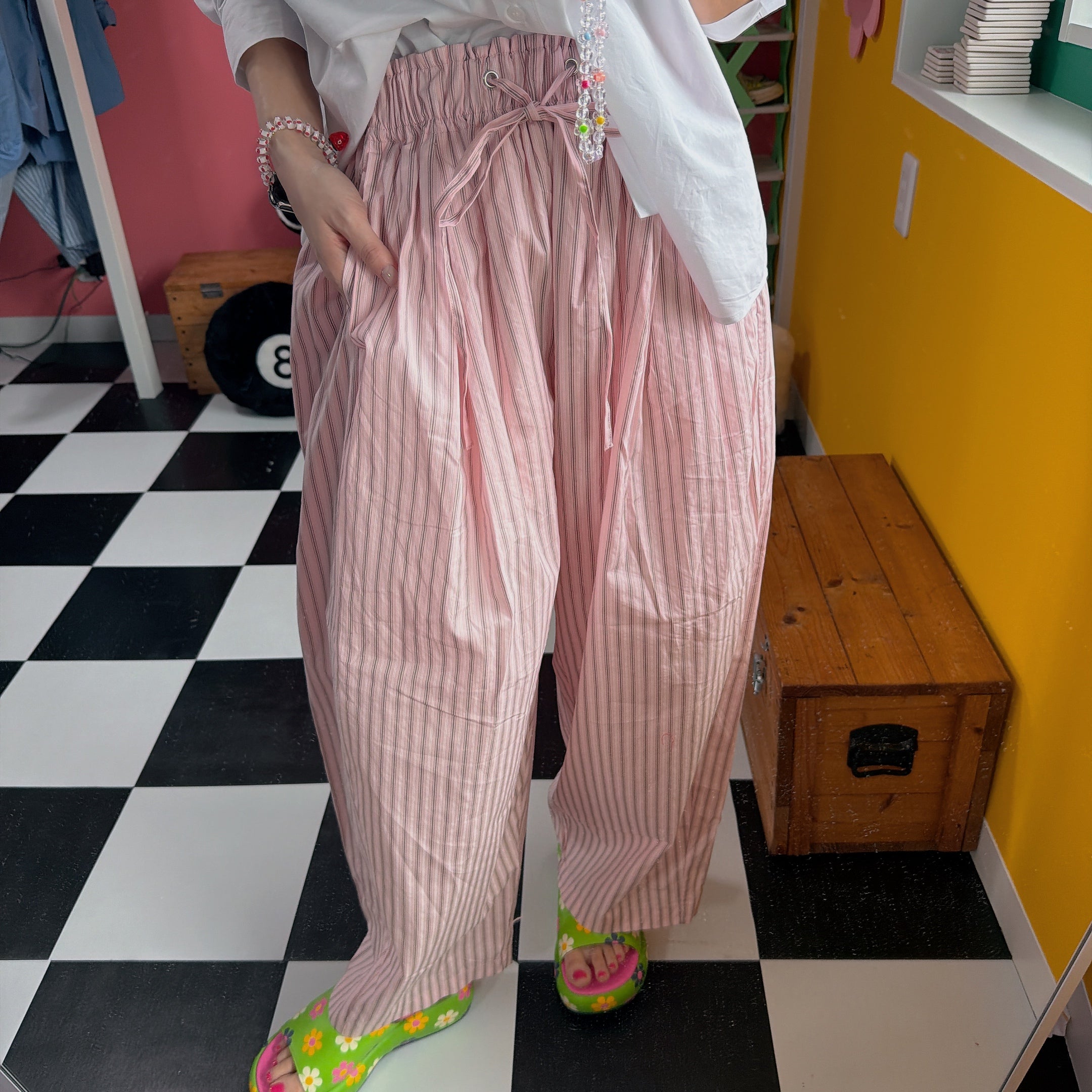 ※予約※2色 ストライプタックギャザーパンツ 4月上旬の出荷予定