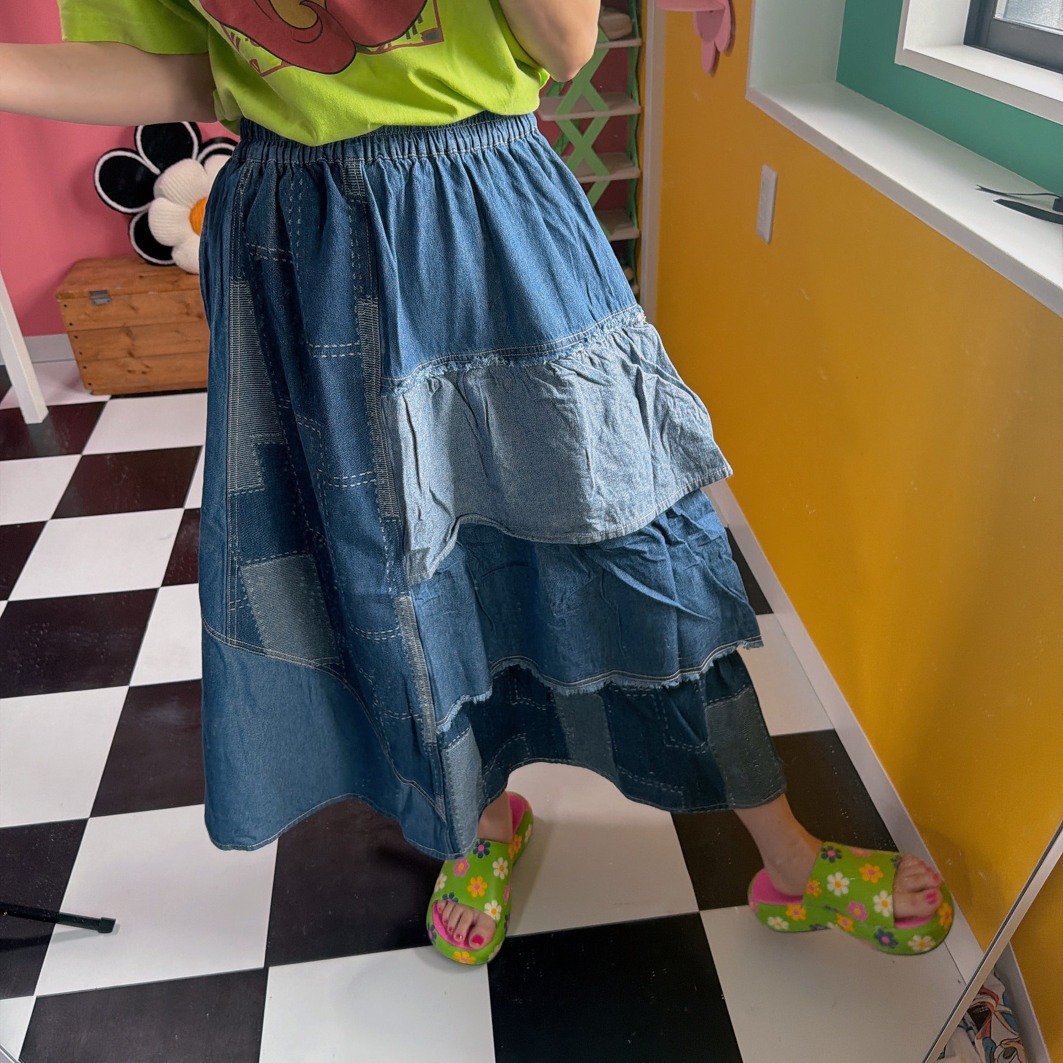 在庫限り デニムフレル切り替えスカート 4月上旬出荷予定