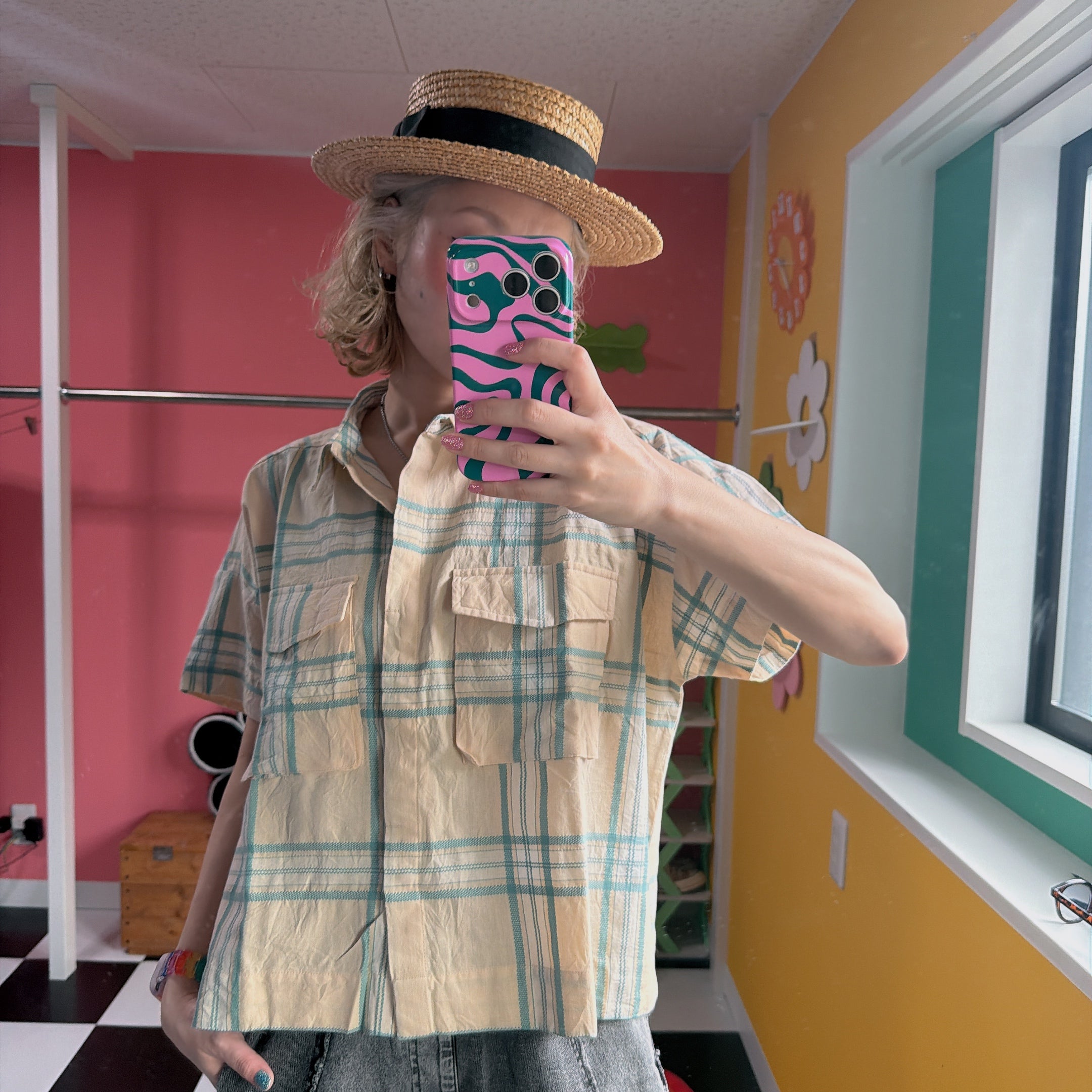 ※在庫限り※ 2色ドビーチェックジャガード ダブルポケットワイドシャツ 4月上旬出荷予定