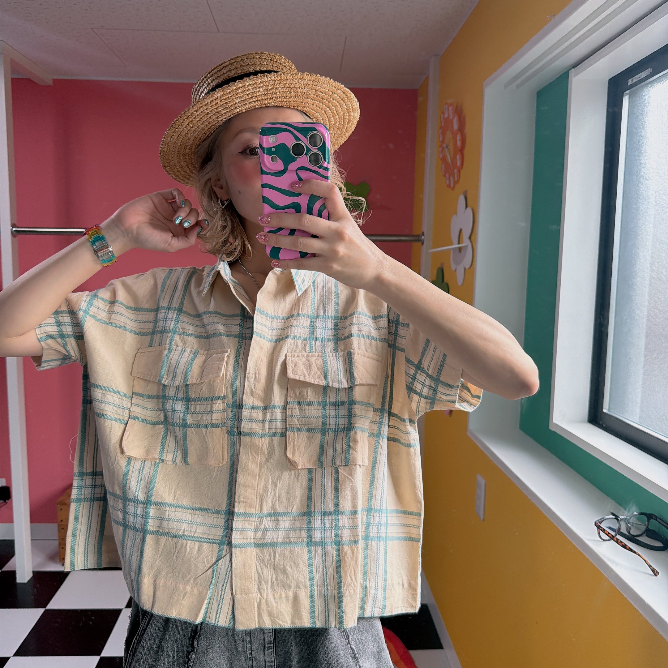 ※在庫限り※ 2色ドビーチェックジャガード ダブルポケットワイドシャツ 4月上旬出荷予定