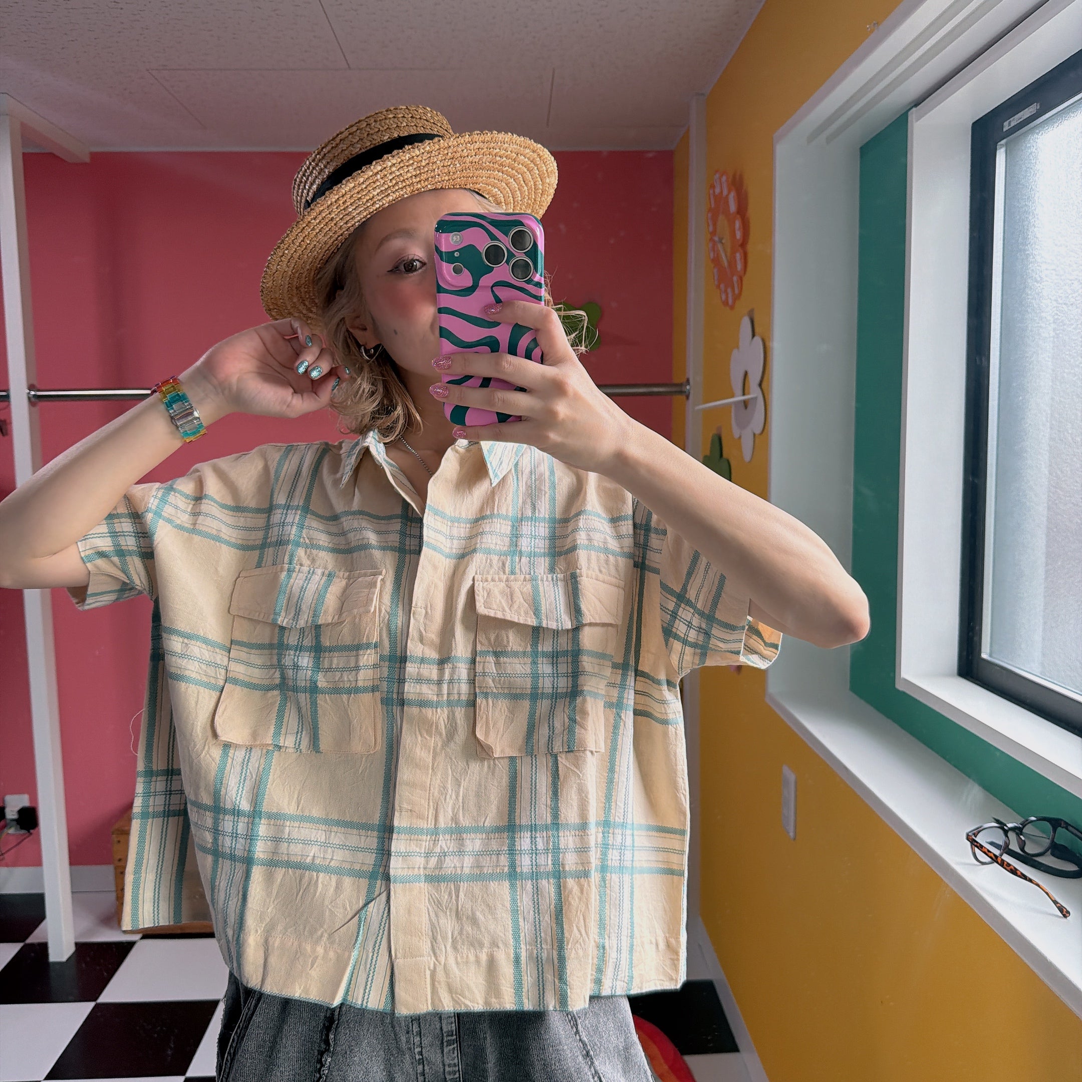 ※在庫限り※ 2色ドビーチェックジャガード ダブルポケットワイドシャツ 4月上旬出荷予定