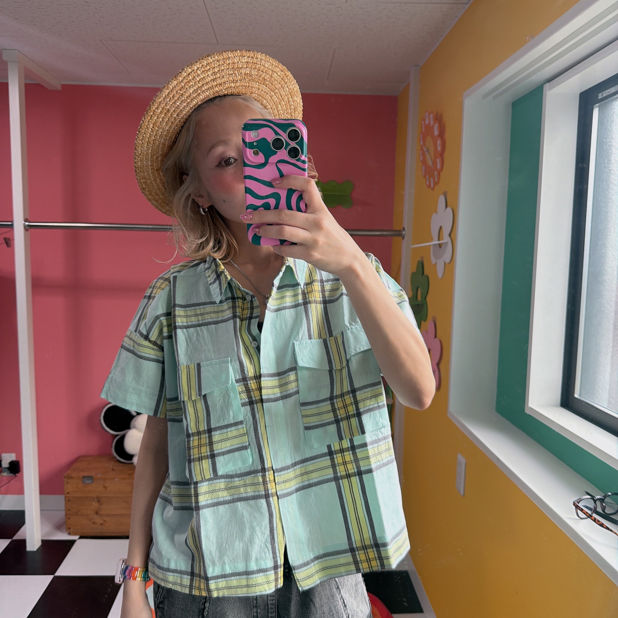 ※在庫限り※ 2色ドビーチェックジャガード ダブルポケットワイドシャツ 4月上旬出荷予定