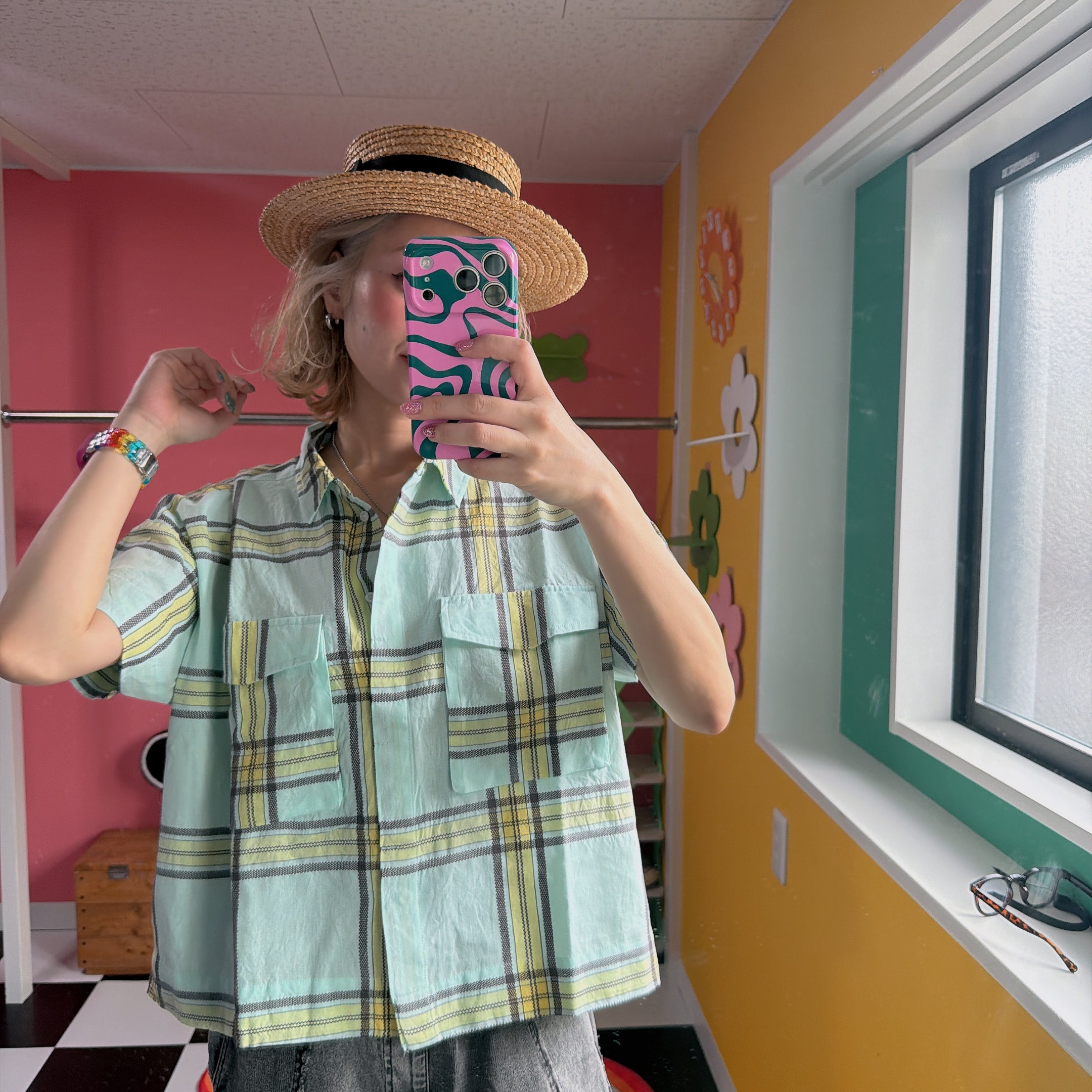 ※在庫限り※ 2色ドビーチェックジャガード ダブルポケットワイドシャツ 4月上旬出荷予定