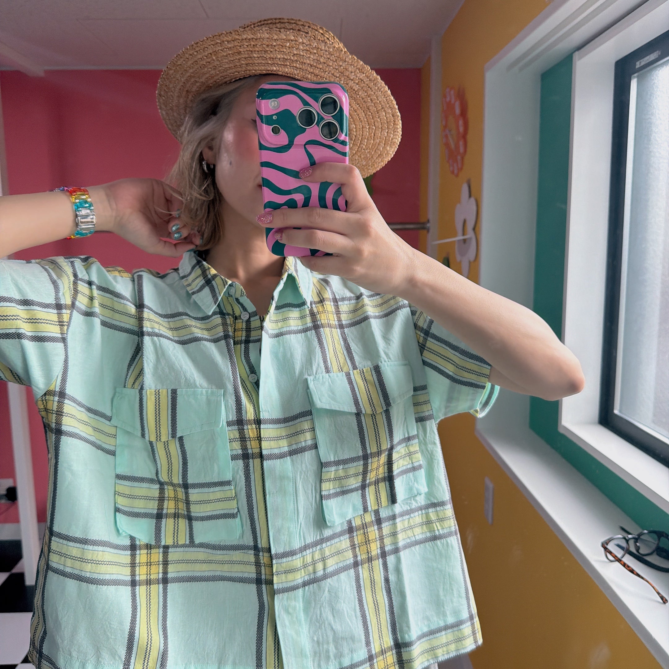 ※在庫限り※ 2色ドビーチェックジャガード ダブルポケットワイドシャツ 4月上旬出荷予定