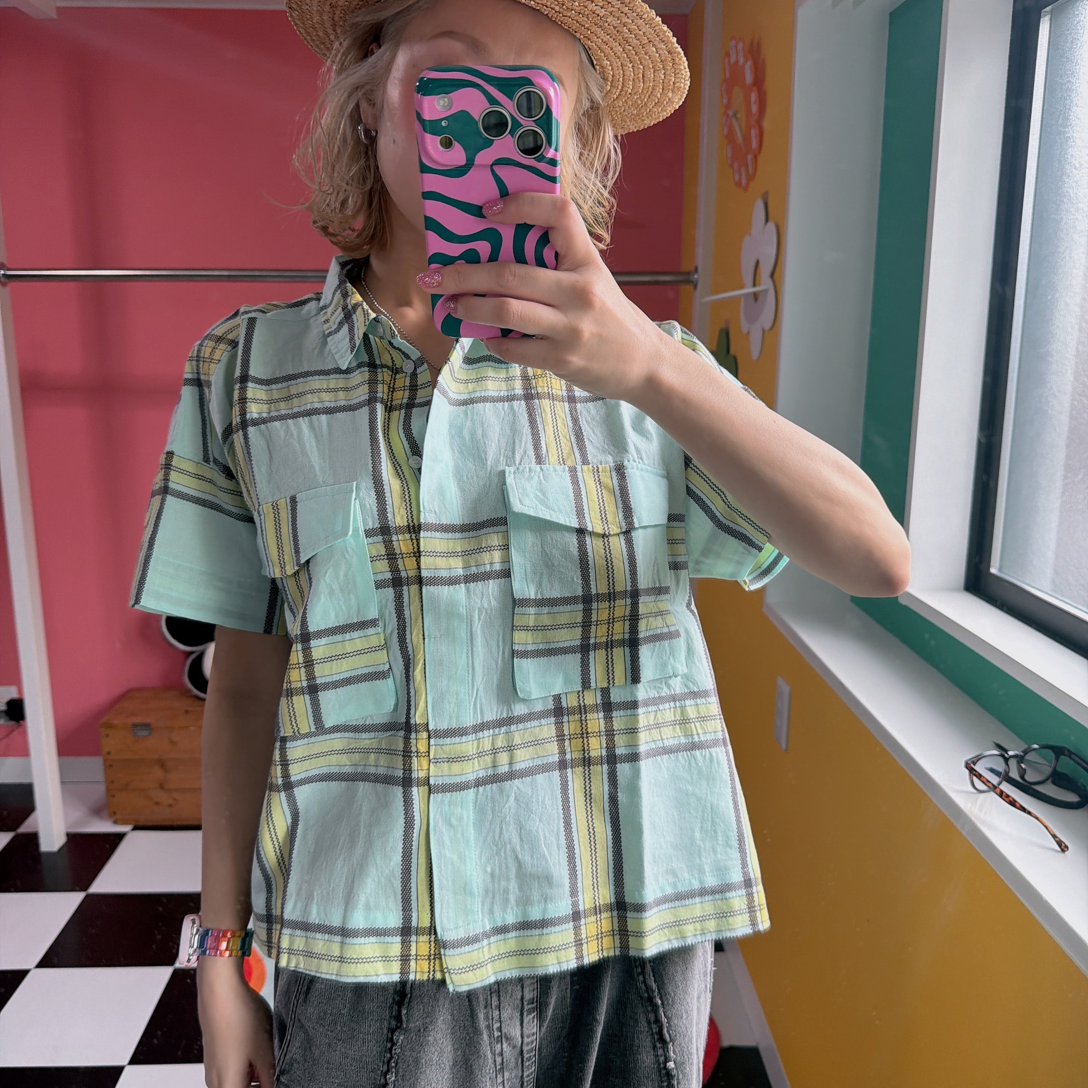 ※在庫限り※ 2色ドビーチェックジャガード ダブルポケットワイドシャツ 4月上旬出荷予定