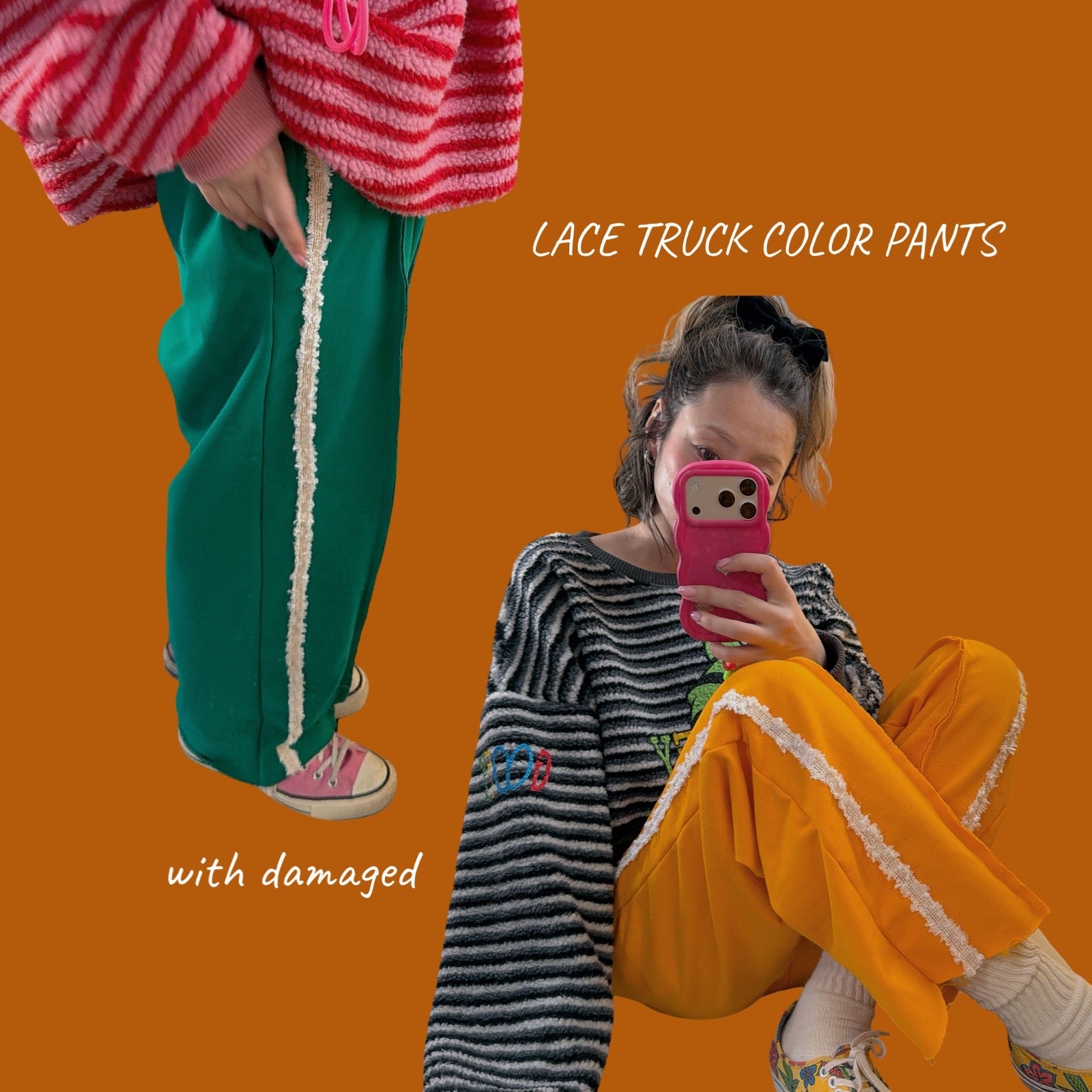 ※予約※2色 裾ダメージレーストラックカラーパンツ 2月上旬ごろ出荷予定