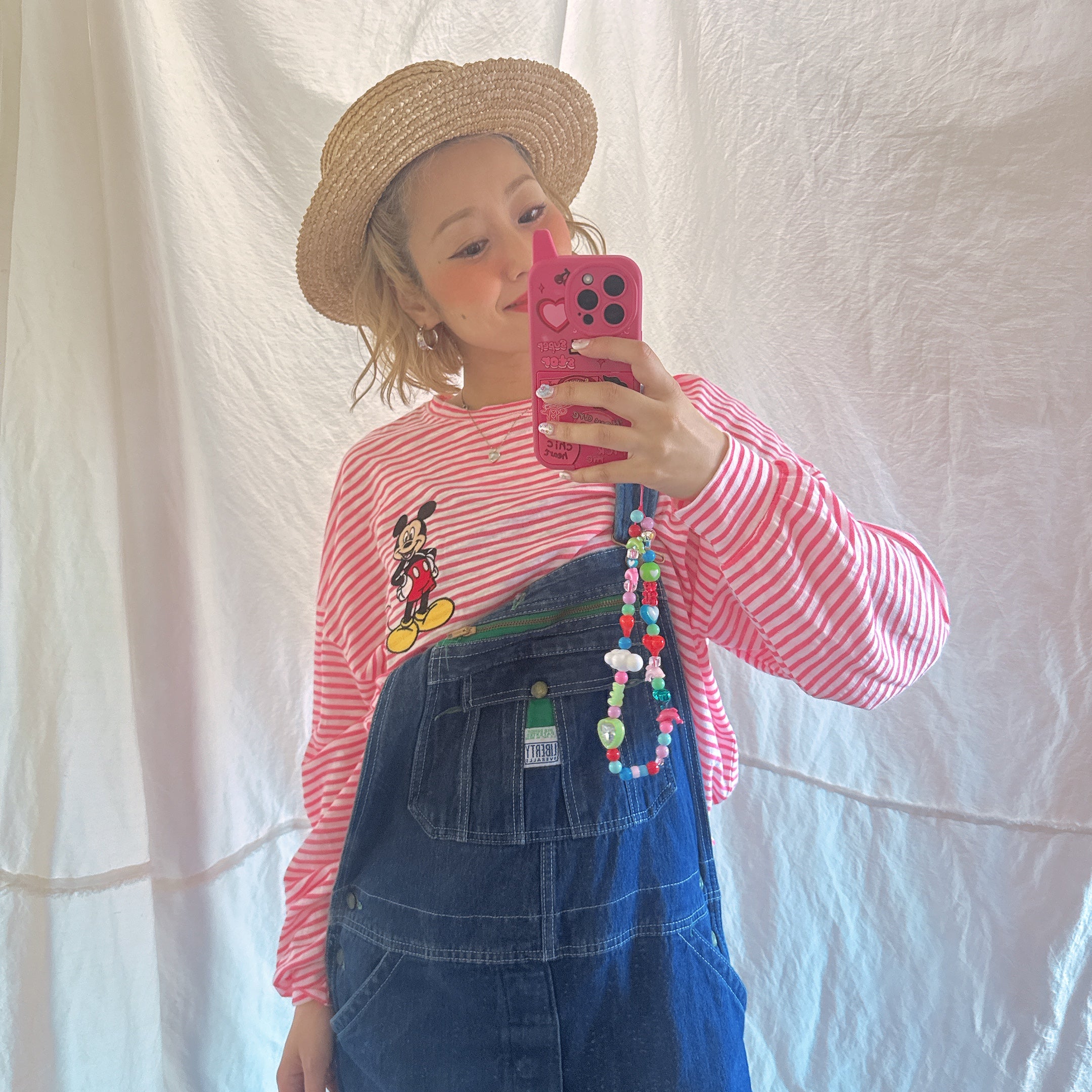 *Pre-order* 3 colors Mickey Mouse embroidered linen thin striped long TEE Scheduled to ship in late August