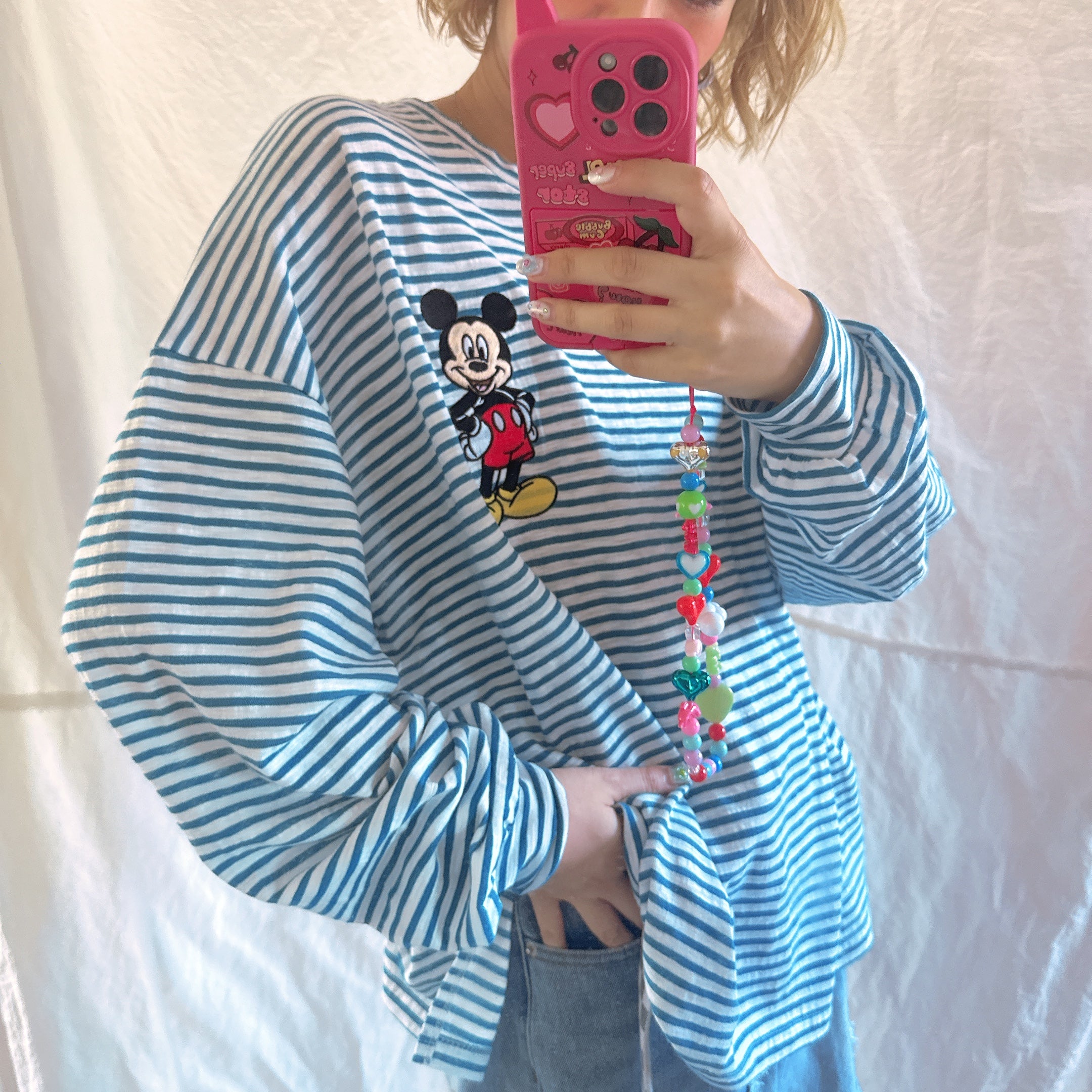 *Pre-order* 3 colors Mickey Mouse embroidered linen thin striped long TEE Scheduled to ship in late August