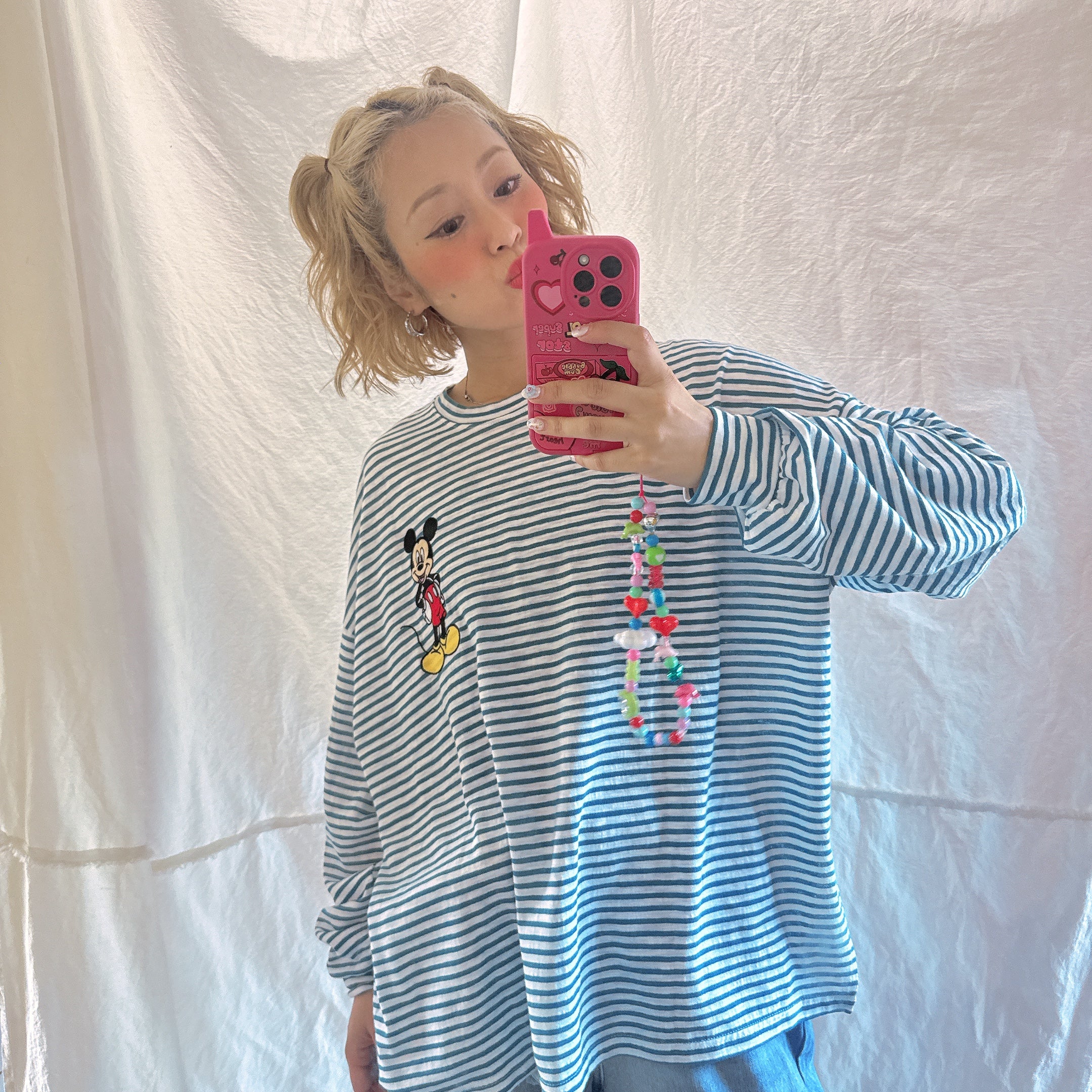 *Pre-order* 3 colors Mickey Mouse embroidered linen thin striped long TEE Scheduled to ship in late August