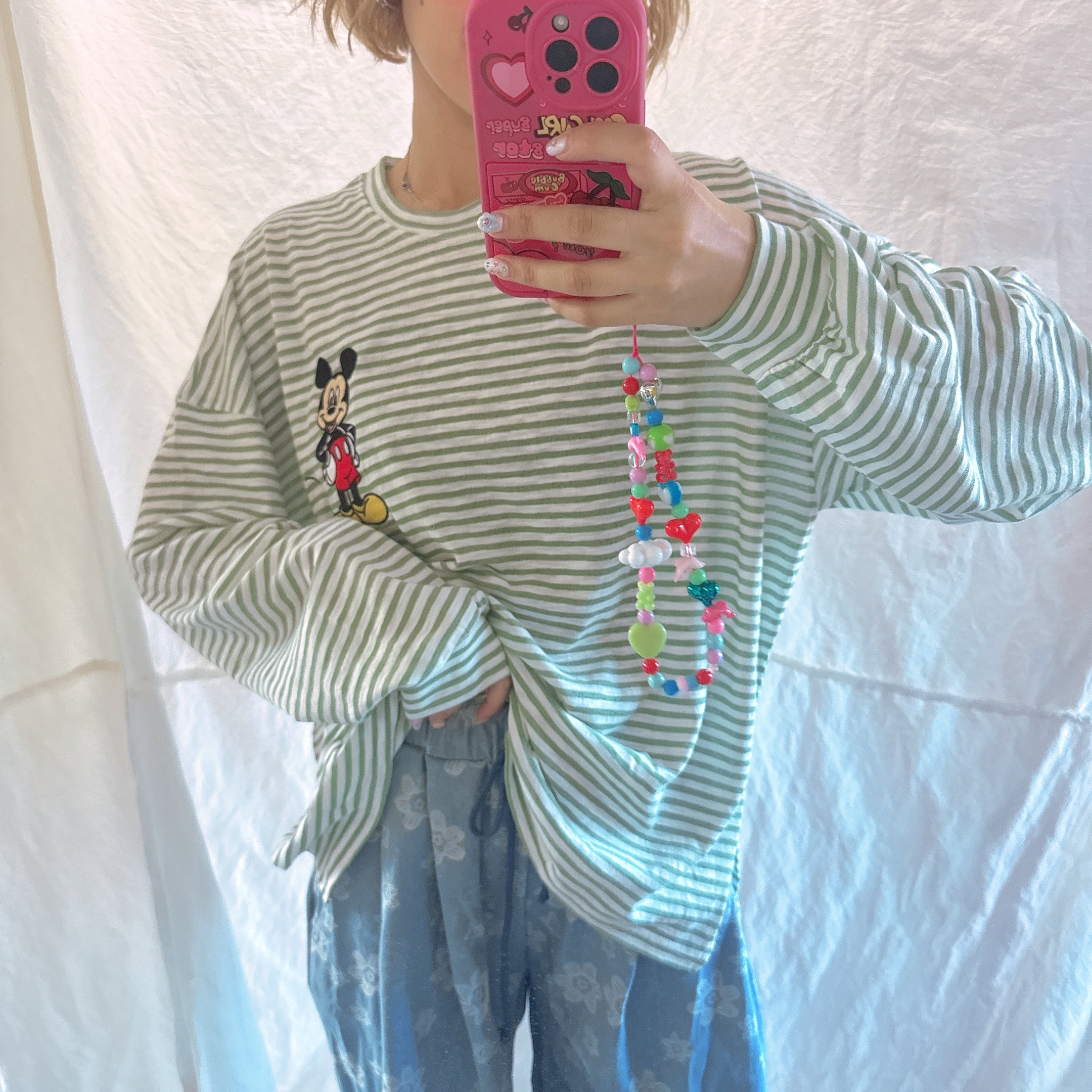 *Pre-order* 3 colors Mickey Mouse embroidered linen thin striped long TEE Scheduled to ship in late August