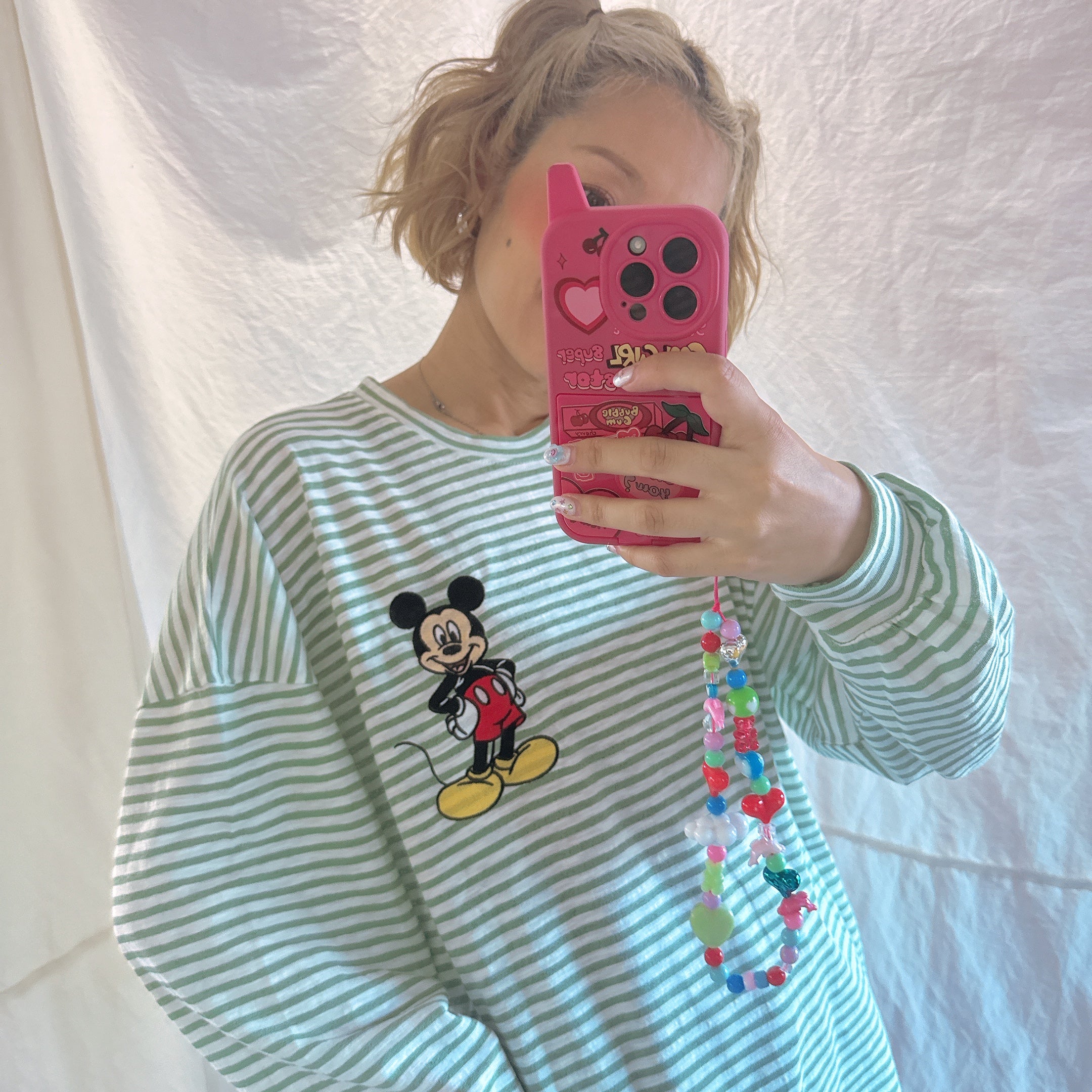 *Pre-order* 3 colors Mickey Mouse embroidered linen thin striped long TEE Scheduled to ship in late August