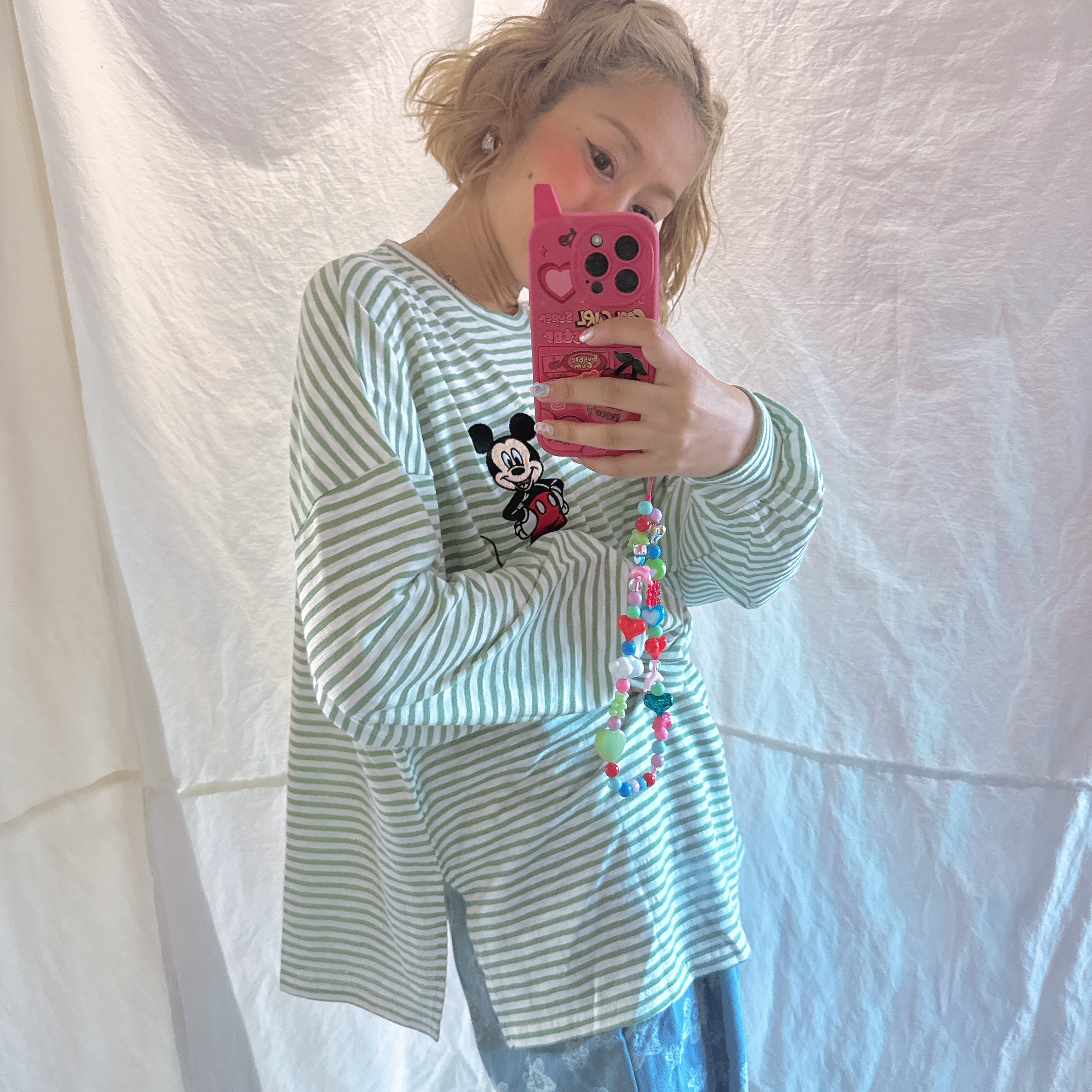 *Pre-order* 3 colors Mickey Mouse embroidered linen thin striped long TEE Scheduled to ship in late August