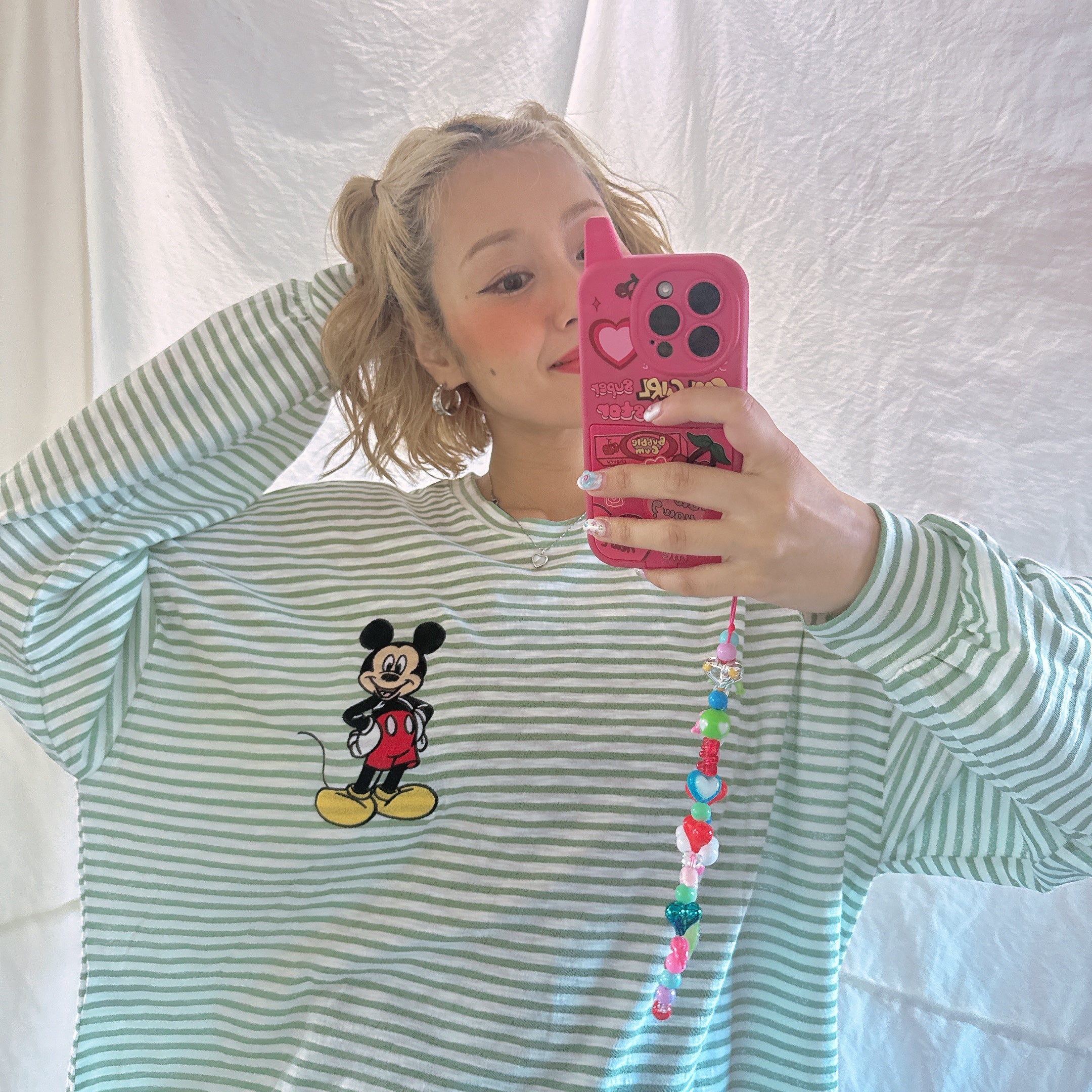 *Pre-order* 3 colors Mickey Mouse embroidered linen thin striped long TEE Scheduled to ship in late August