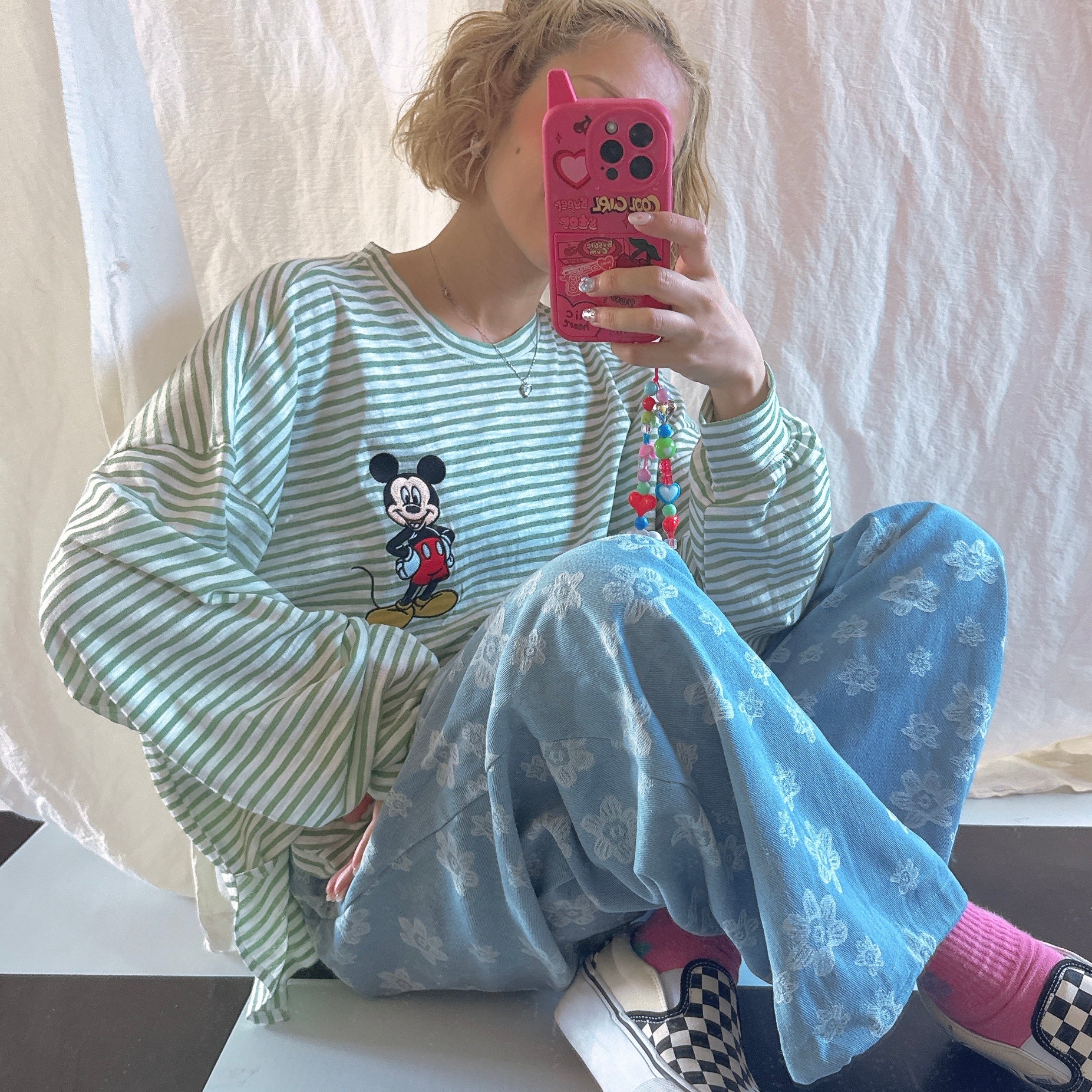 *Pre-order* 3 colors Mickey Mouse embroidered linen thin striped long TEE Scheduled to ship in late August