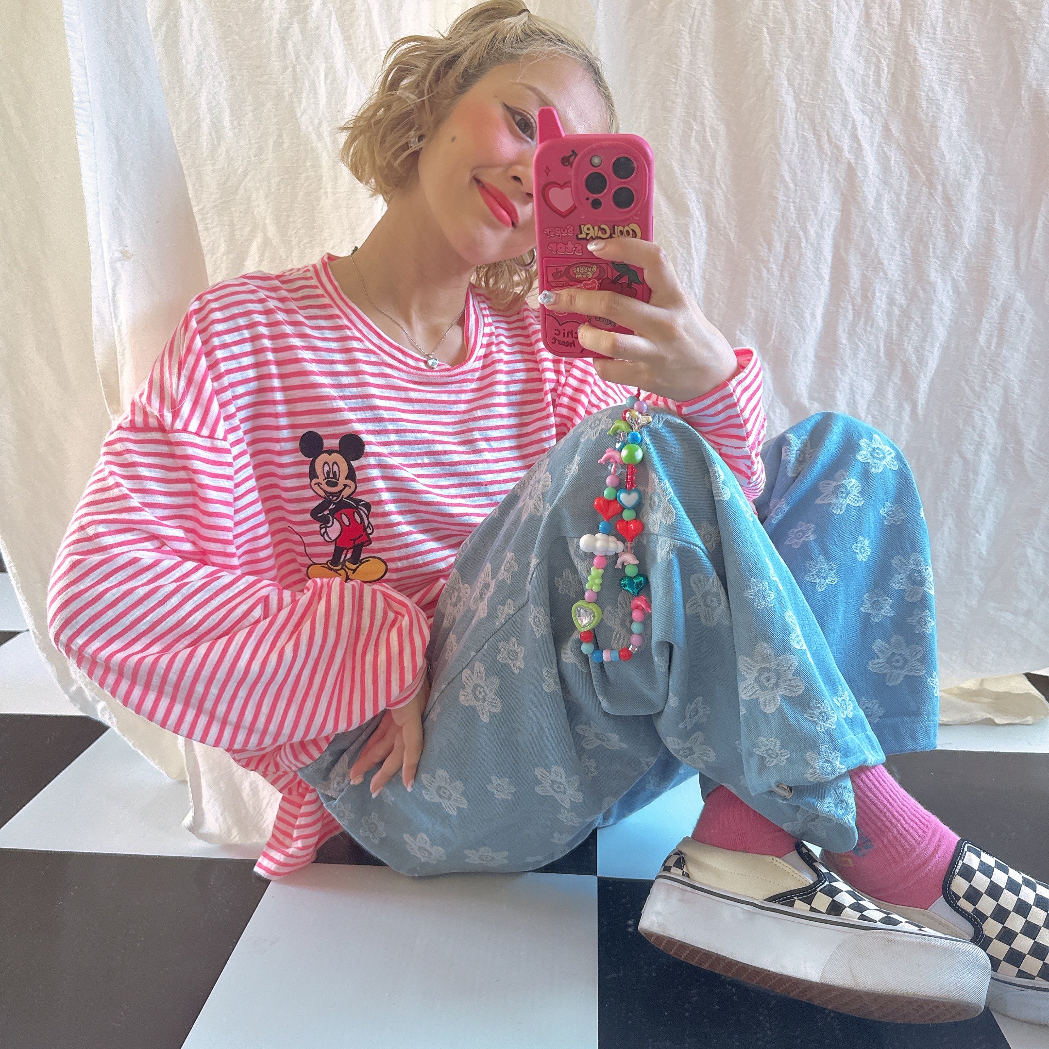*Pre-order* 3 colors Mickey Mouse embroidered linen thin striped long TEE Scheduled to ship in late August