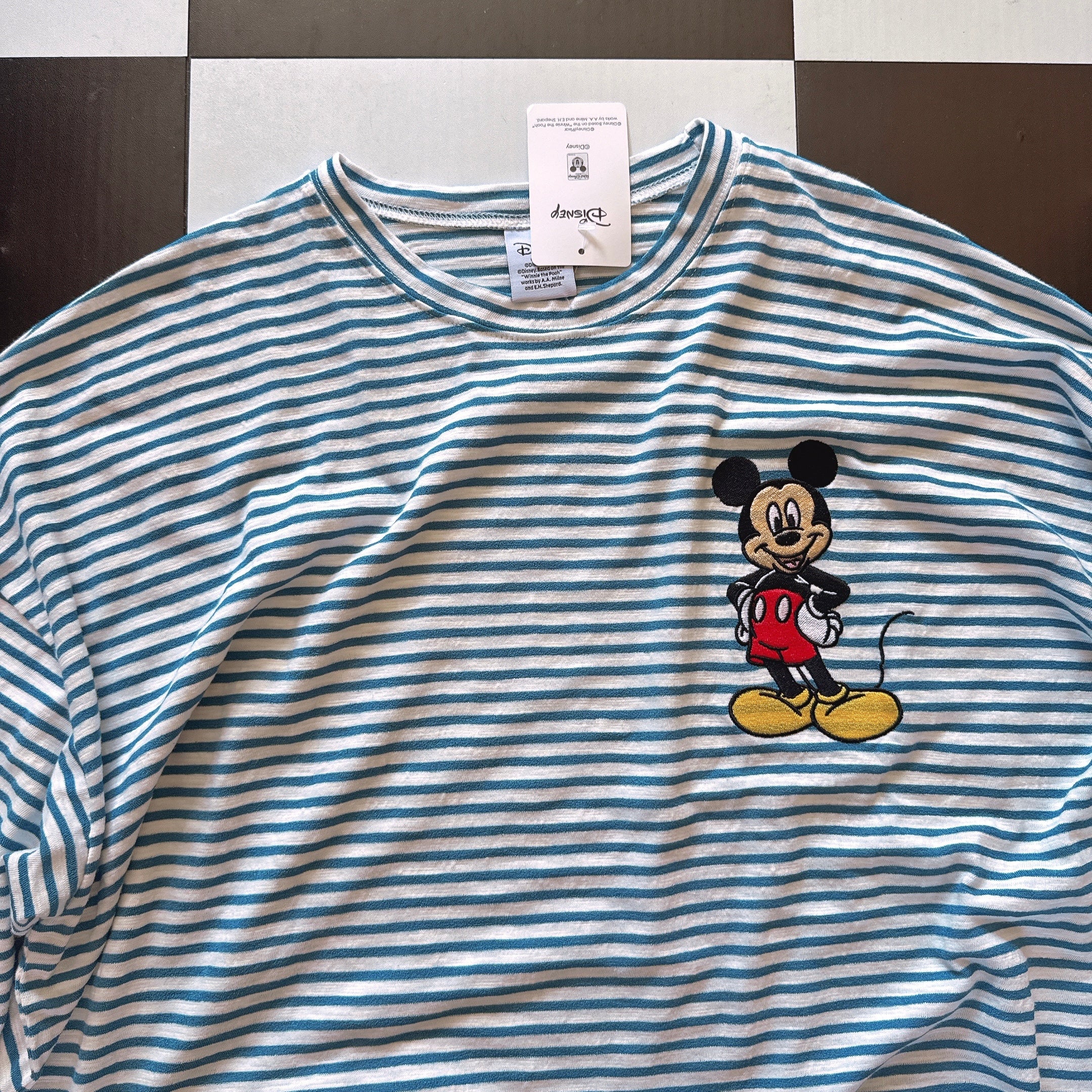 *Pre-order* 3 colors Mickey Mouse embroidered linen thin striped long TEE Scheduled to ship in late August
