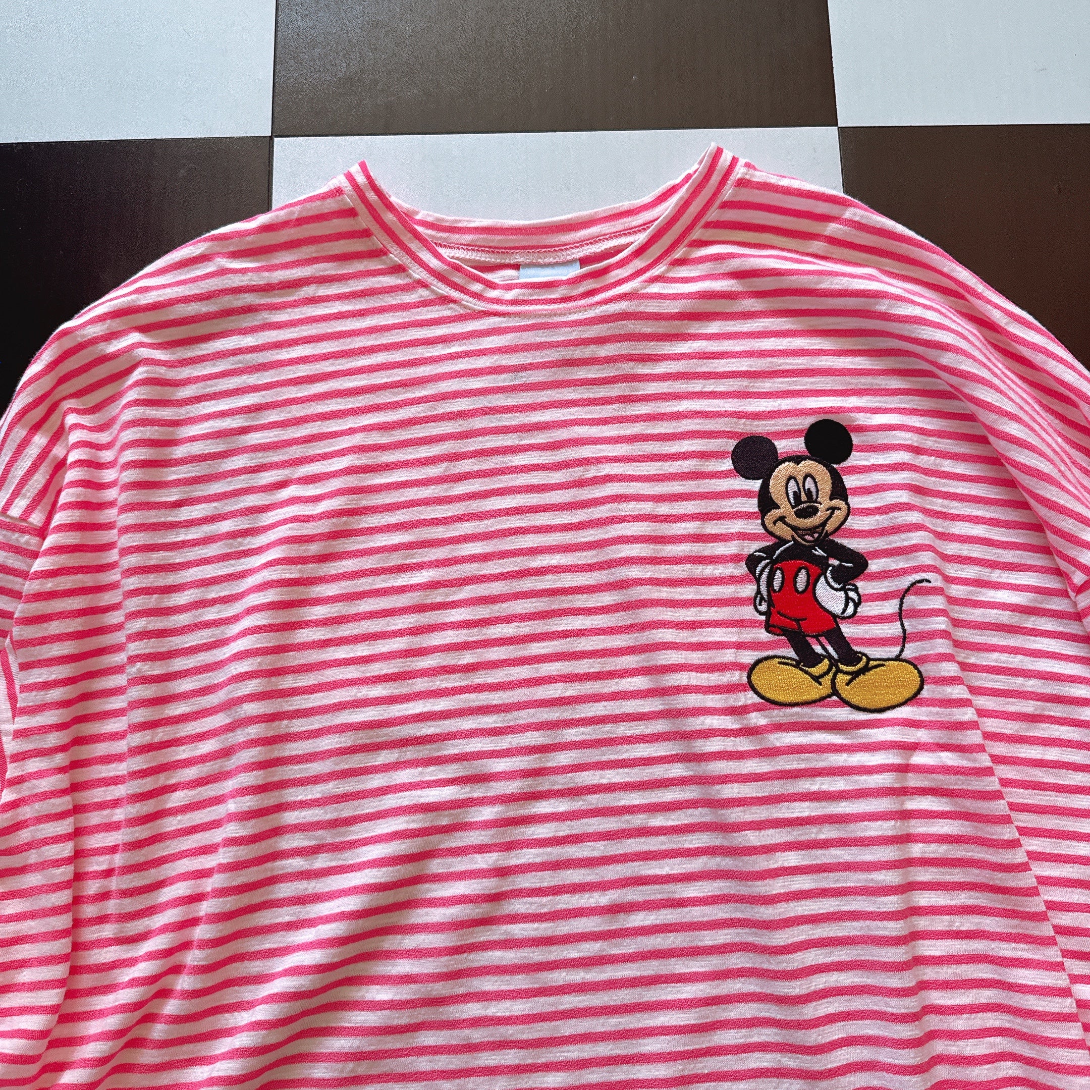*Pre-order* 3 colors Mickey Mouse embroidered linen thin striped long TEE Scheduled to ship in late August