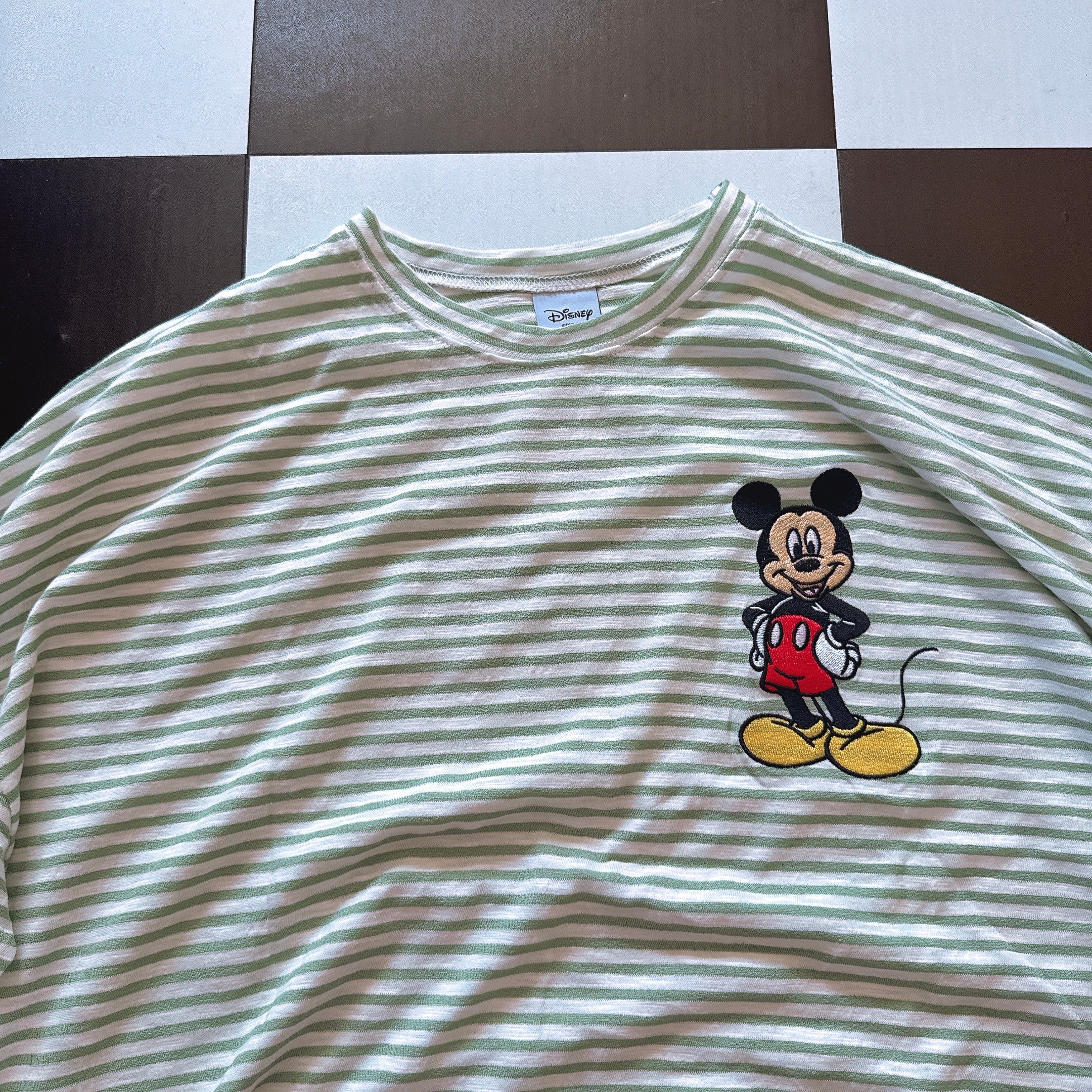*Pre-order* 3 colors Mickey Mouse embroidered linen thin striped long TEE Scheduled to ship in late August