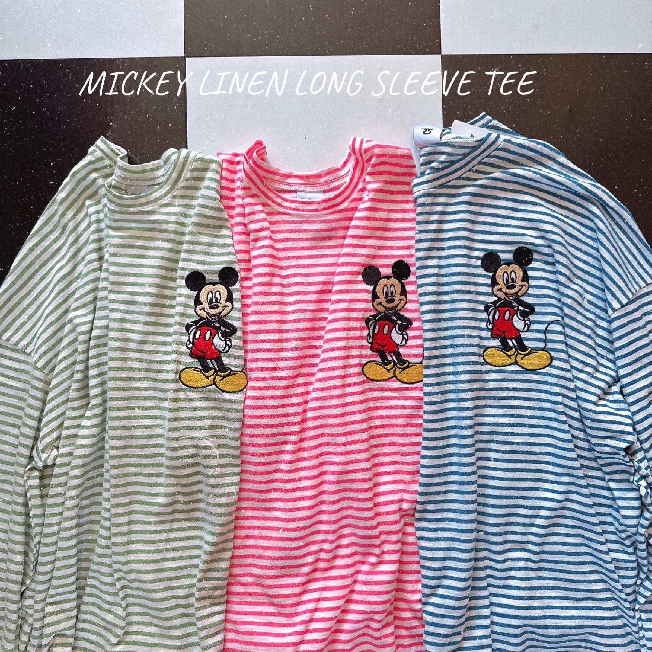 *Pre-order* 3 colors Mickey Mouse embroidered linen thin striped long TEE Scheduled to ship in late August