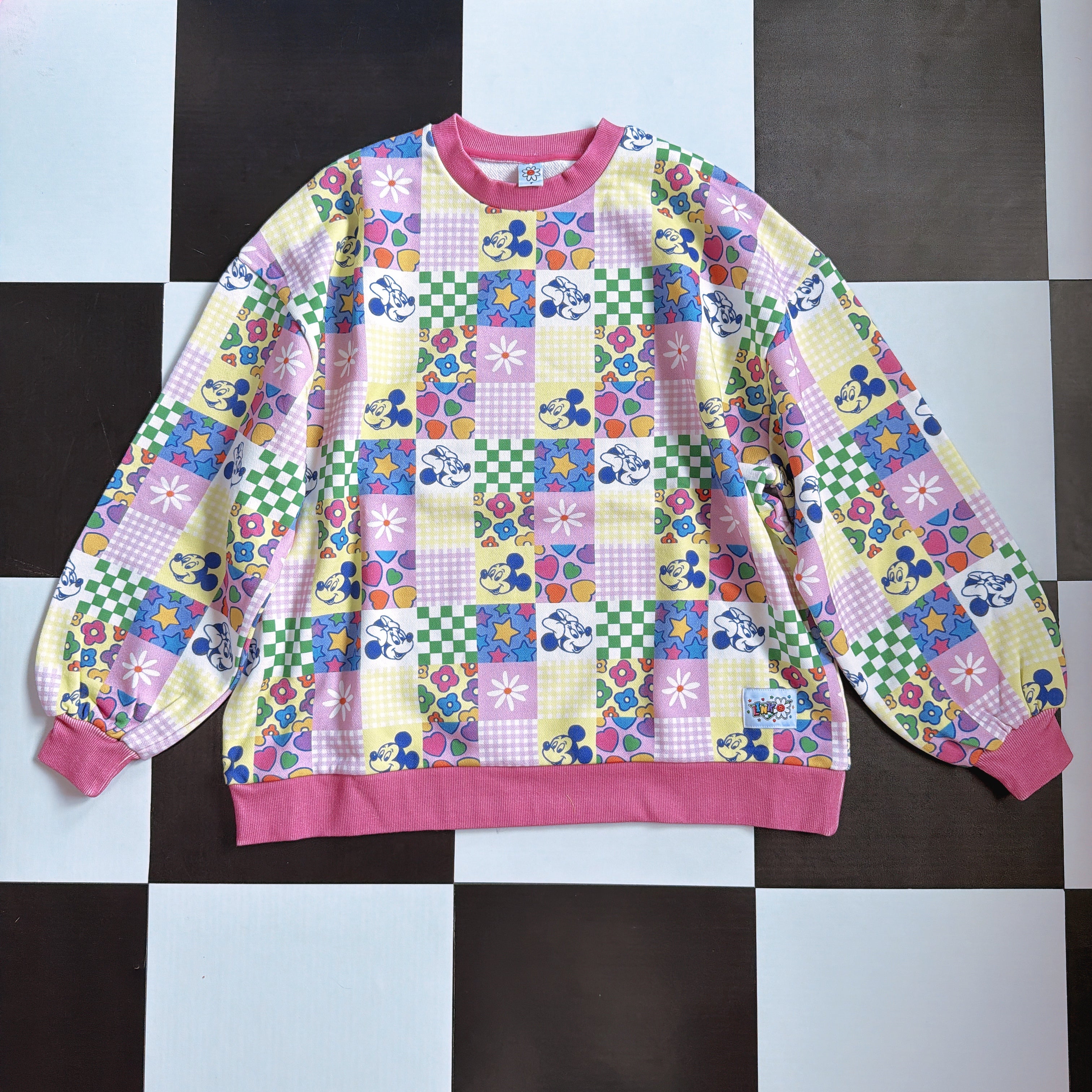※予約※ LINK@ORIGINAL ミッキー&ミニーオリジナルパッチワーク総柄スウェット 10月中の出荷予定