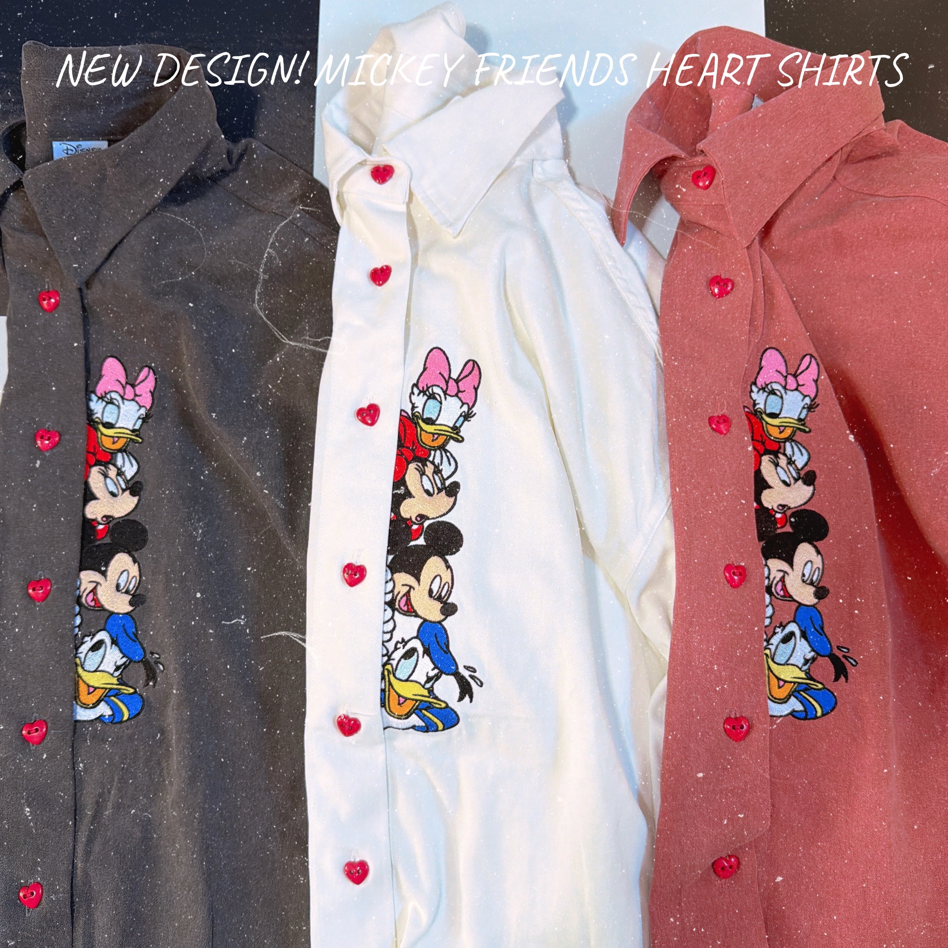 ※予約※新デザイン!3色 ミッキーフレンズハートボタン刺繍シャツ 12月中の出荷予定