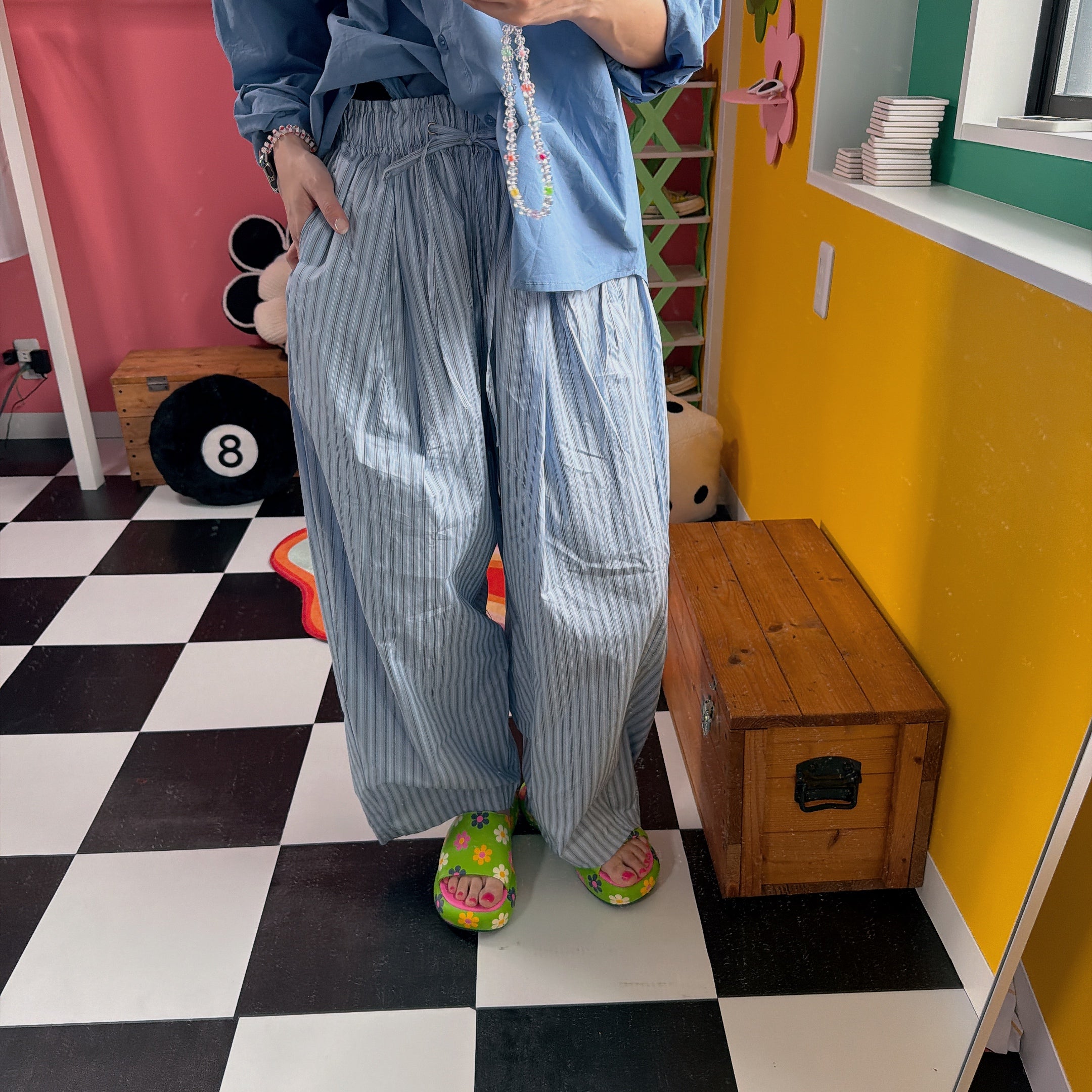 ※予約※2色 ストライプタックギャザーパンツ  4月上旬の出荷予定