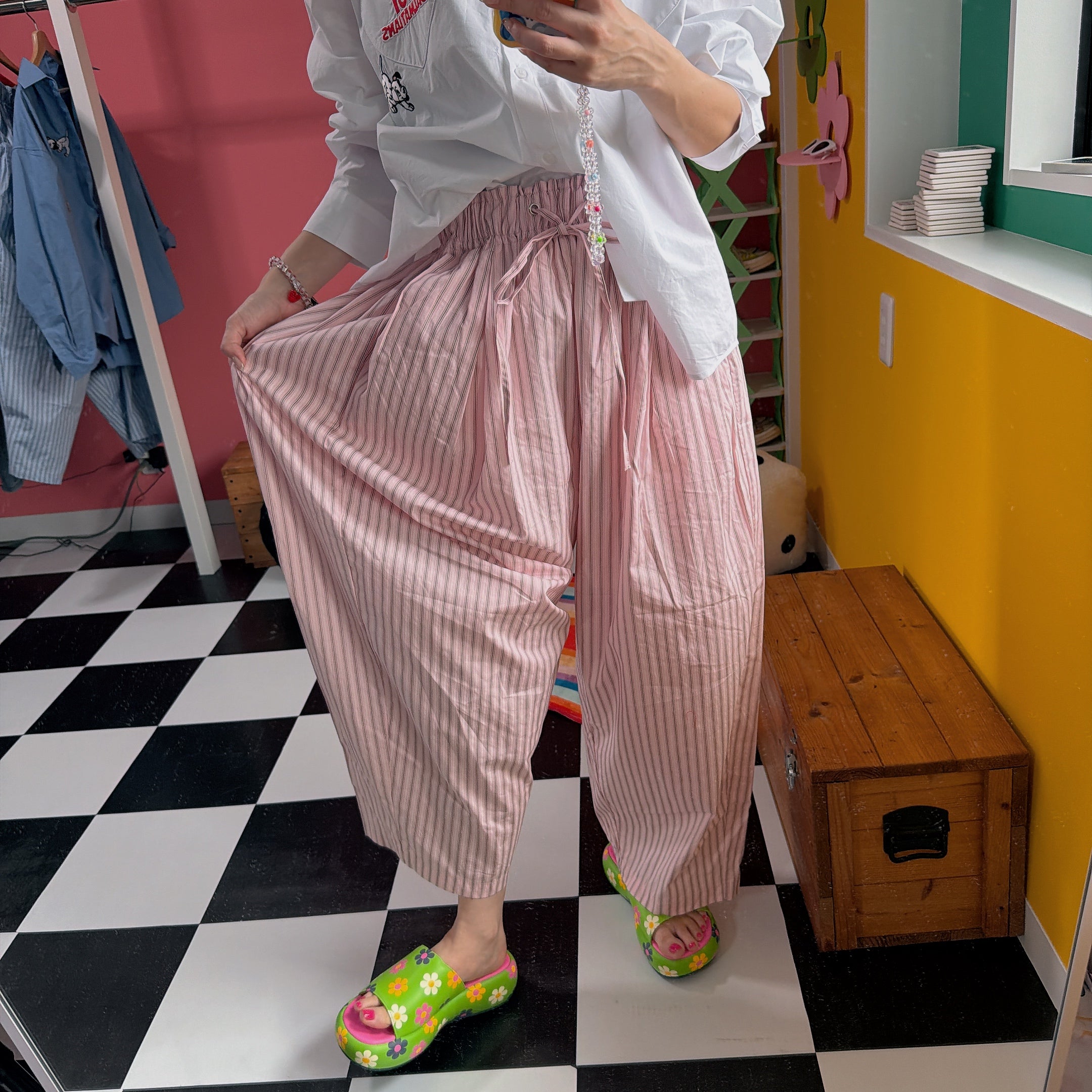 ※予約※2色 ストライプタックギャザーパンツ  4月上旬の出荷予定