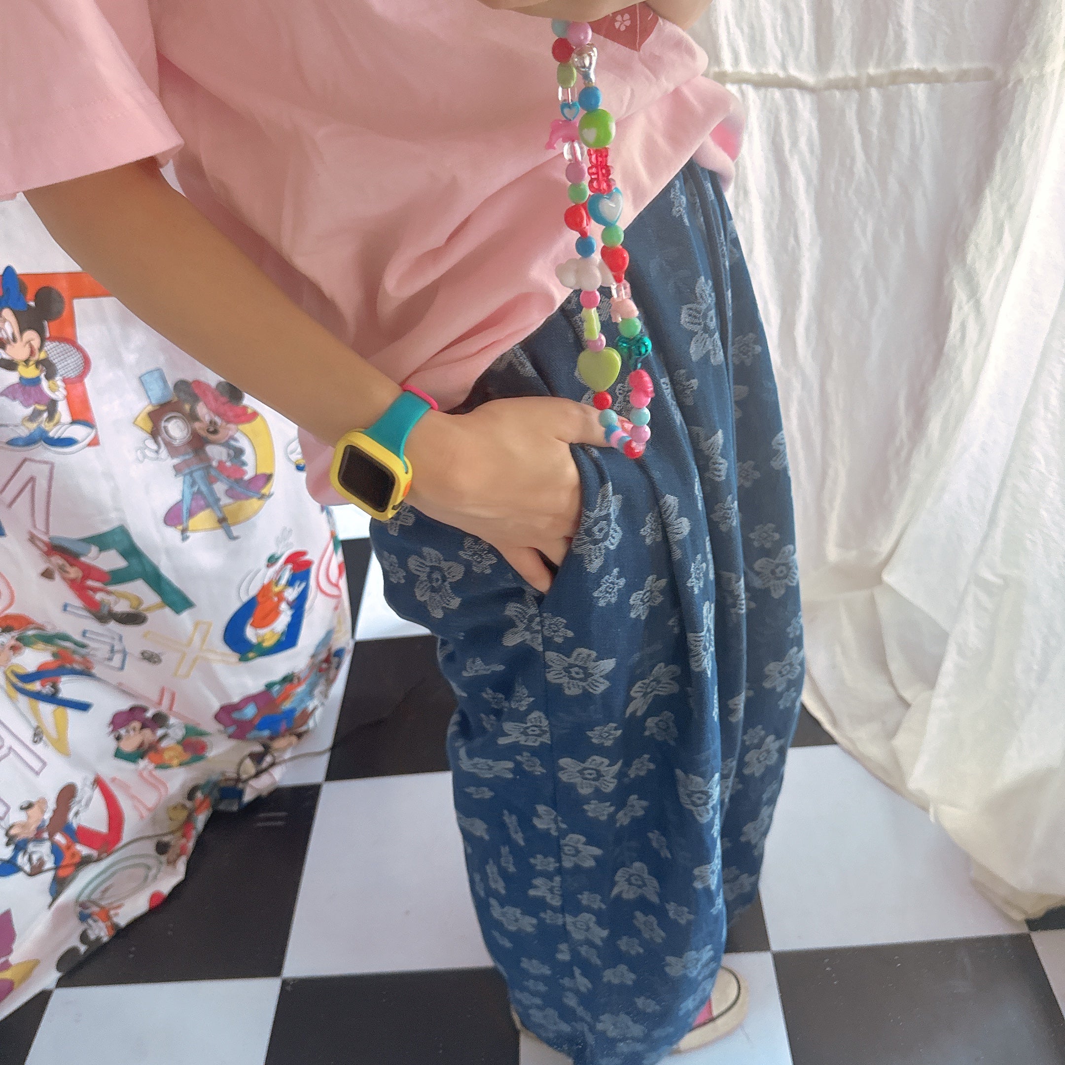 ライトブルーのみ即納 フラワー総柄タックデニム