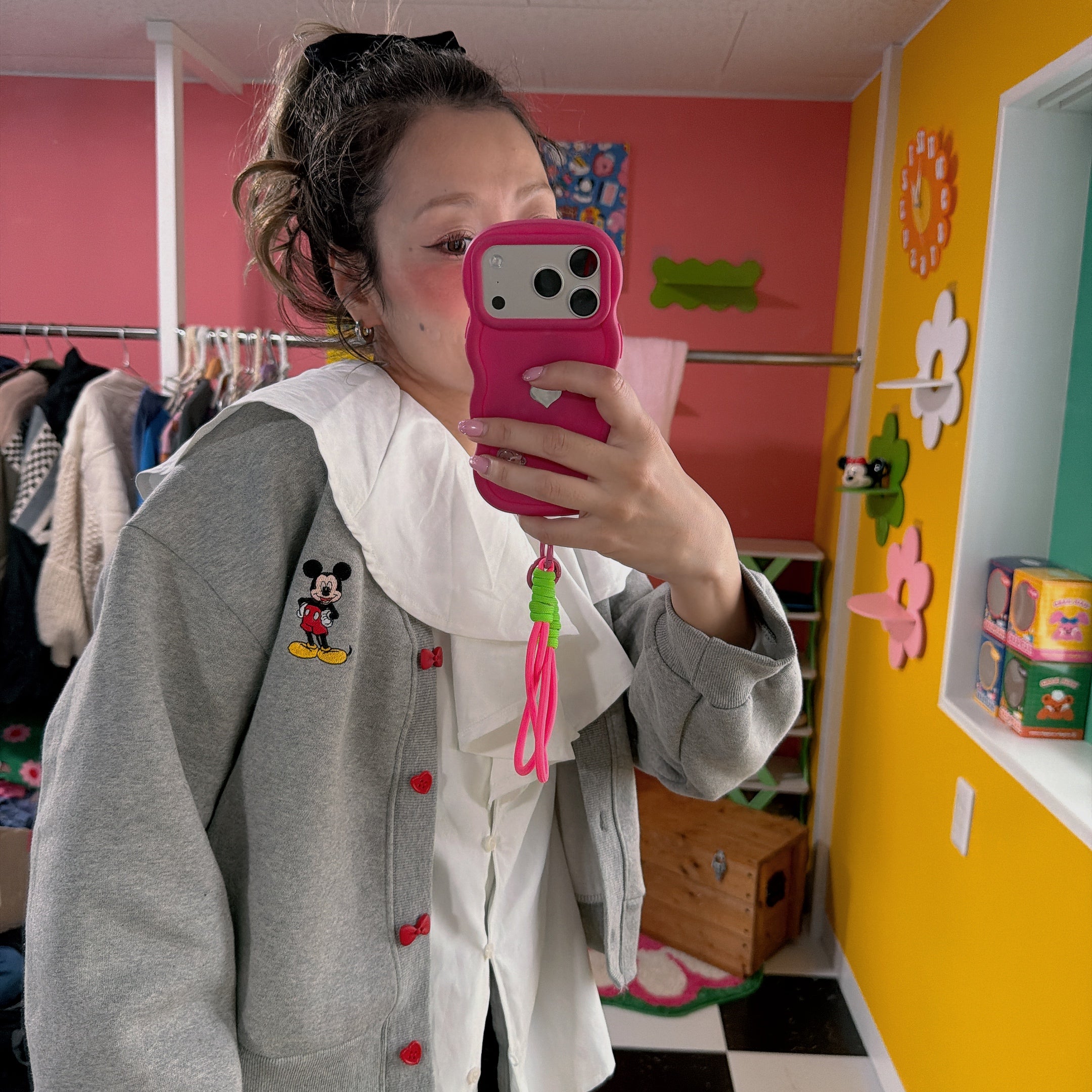 ※予約※2色 リボンボタン♡ミッキー刺繍カーディガン 2月上旬出荷予定