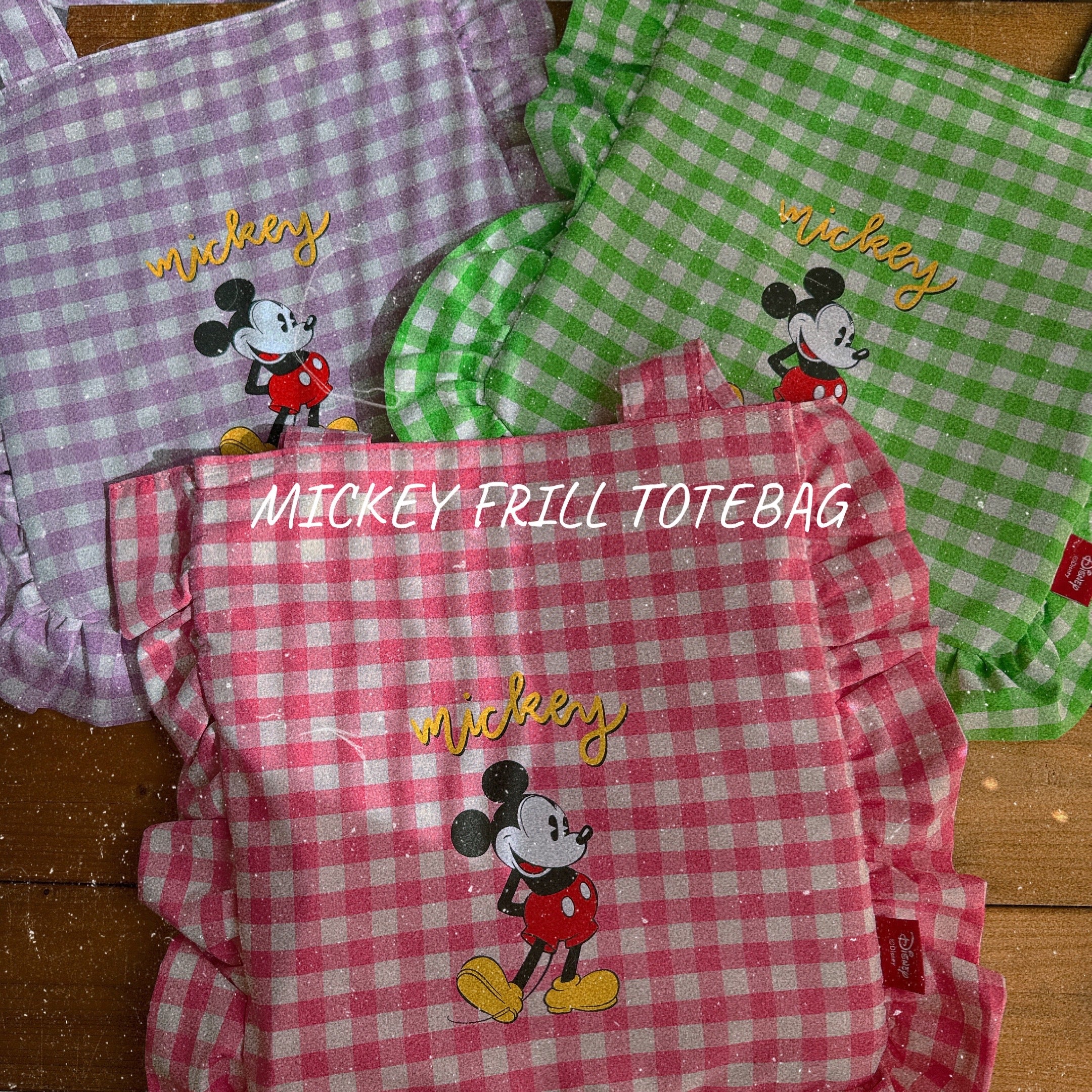 Available now in 3 colors: Mickey gingham check ruffle tote bag